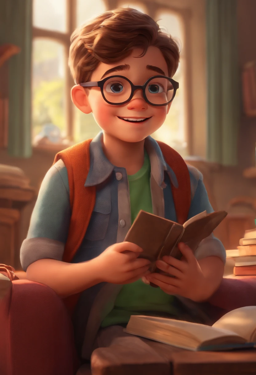 Image of a boy wearing glasses for a story in a YouTube video in Pixar format, he's  Isaac, He's the champion of the class, he's happy , Playful and gets up for a lot of things