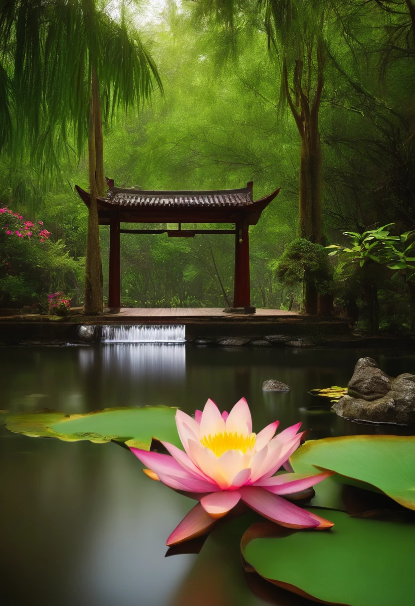 arquitetura chinesa antiga, lua, Meia-noite, Jardim, bambu, lago, ponte de pedra, Rochas, arco, canto, tree, Flowing Water, Landscape, ao ar livre, waterfall, grama, Rocha, Water Lily, Termas, water vapour, Epic composition, realistic lighting, Detalhes do HD, master part, best quality, (Muito detalhado CG U --v 6