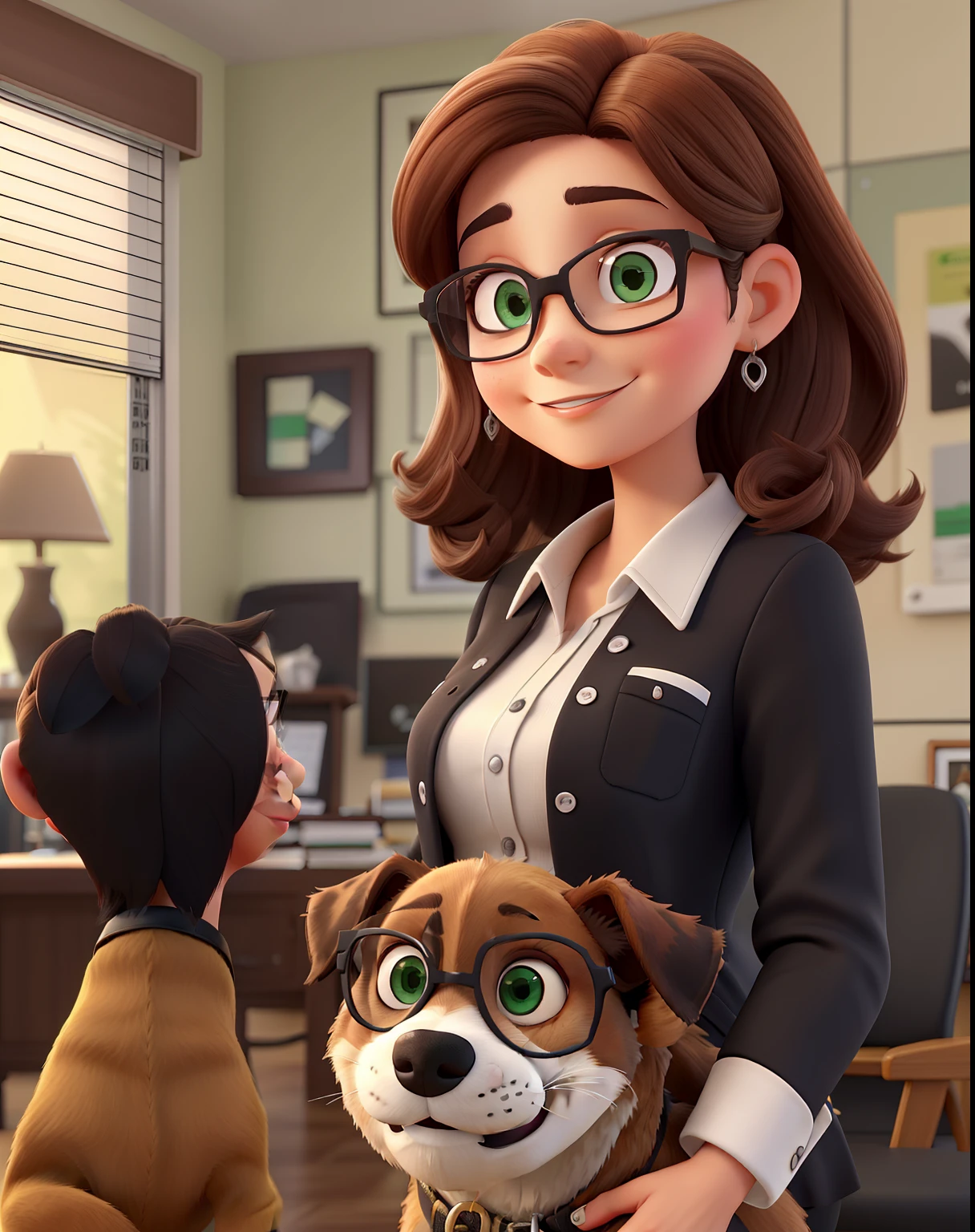 A Woman Realtor , jovem, Nice, Chic and wise, com cabelo longo e liso castanho claro , olhos na cor preta, olhos esbugalhados e boca tamanho medio, com um cachorro Carmelo with black dress pants, blusa preta e brazer verde bandeira, of prescription glasses with brown frame with ounce, salto alto preto, In a fancy law firm.