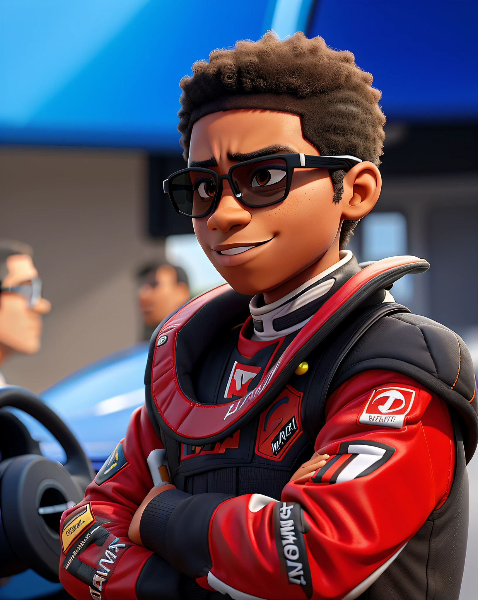 Black Child Racing Driver in Sunglasses, with a serious face, sem sorriso, com fundo desfocado