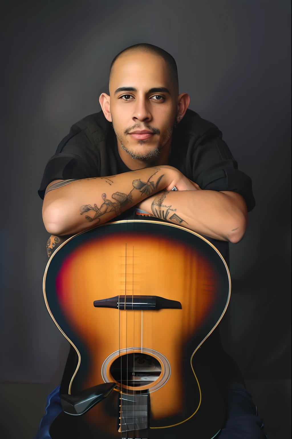 Man with a tattoo on his arm leaning on a guitar, Joel Torres, Retrato de Danny Gonzalez, danilo torres, inspired by Cándido López, foto promocional, Carmelo Blandino, foto de retrato, retrato do homem robusto, inspired by david rubín, Rua Juliana, inspirado em Nathan Oliveira, inspired by Oscar Rodríguez Naranjo