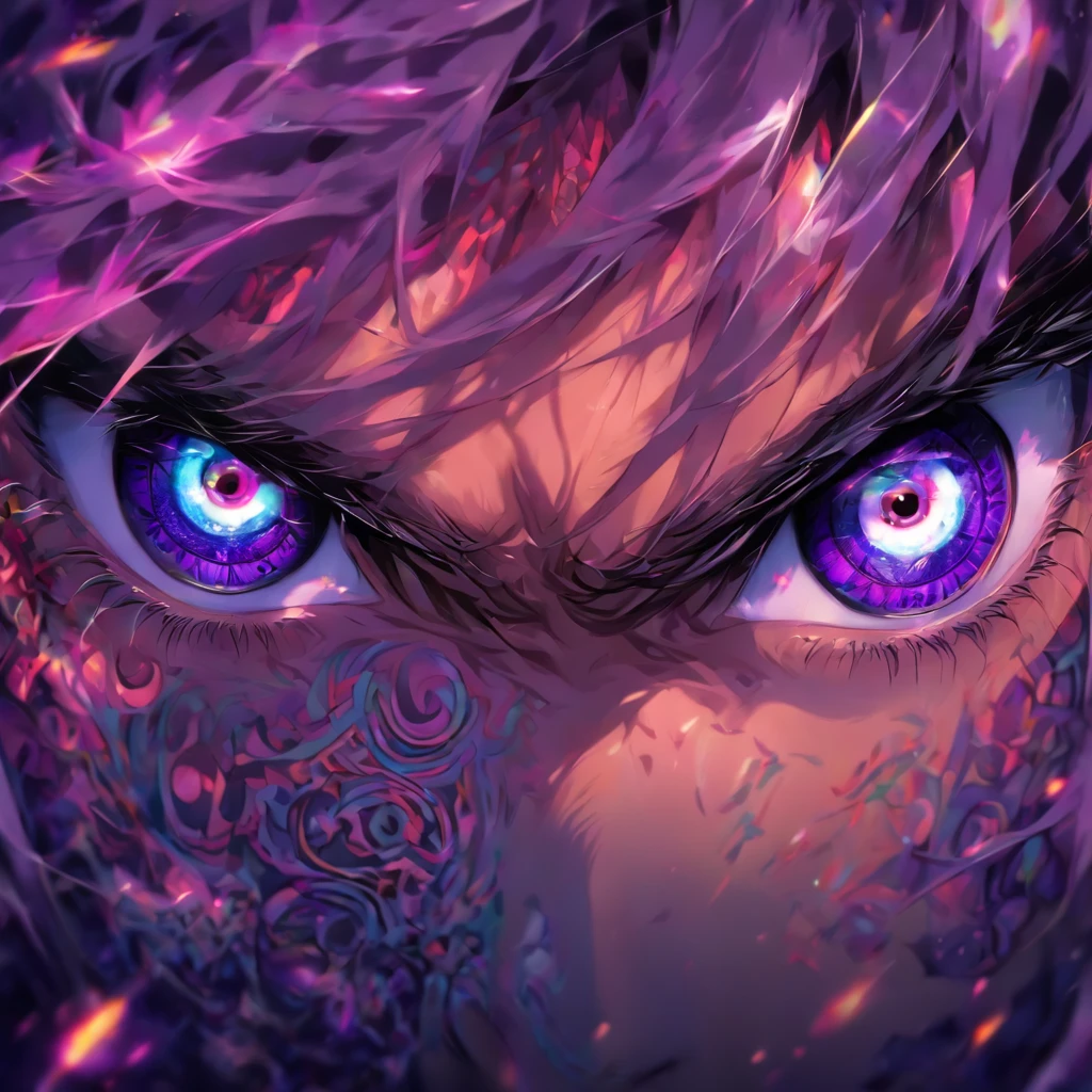 Purple eyes,cool eyes,beautiful eyes,detailed eyes,eyes with patterns,white hair,black shirt,white background,