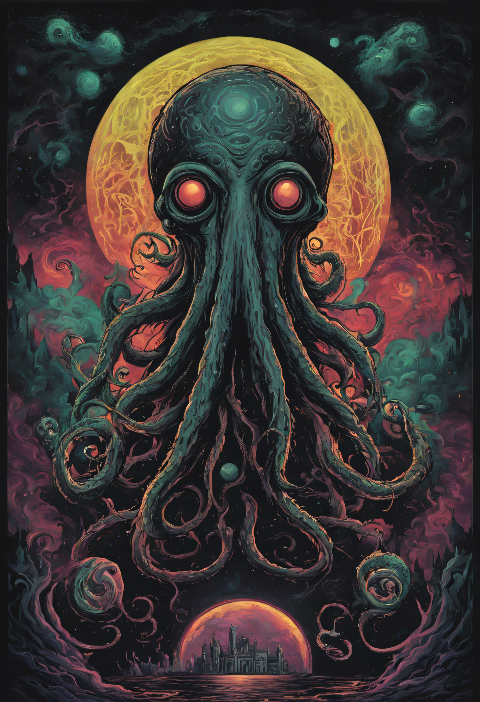 POSTER ART, Explore the Lovecraftian horror genre with an illustration that conveys the otherworldly and cosmic dread often associated with the works of H.P. Lovecraft. text, logos, modern art, pop art, black background