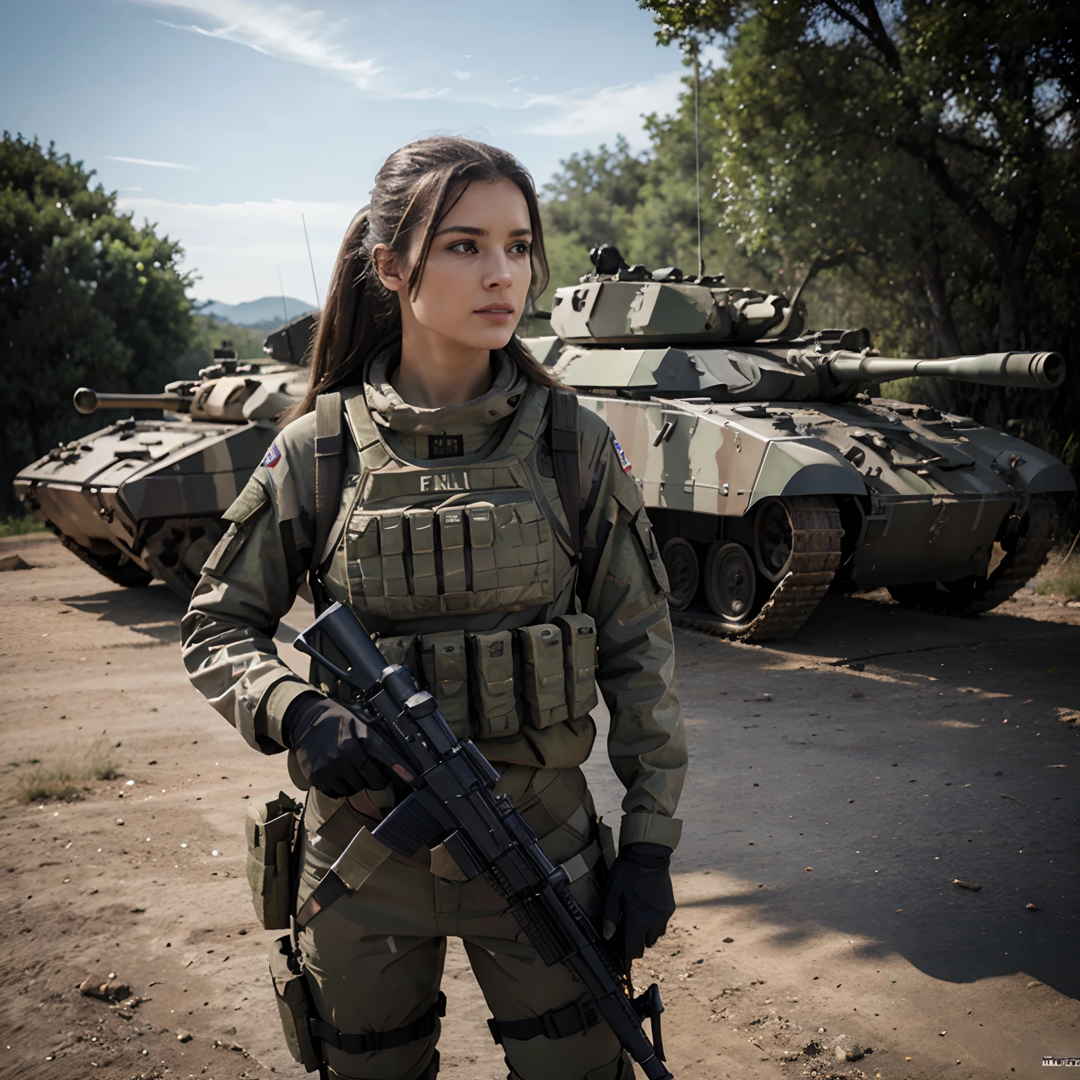 8k , quality, Artwork,arme , fusil d'assaut FAMAS, Special Force Woman, Tanks in scenery
