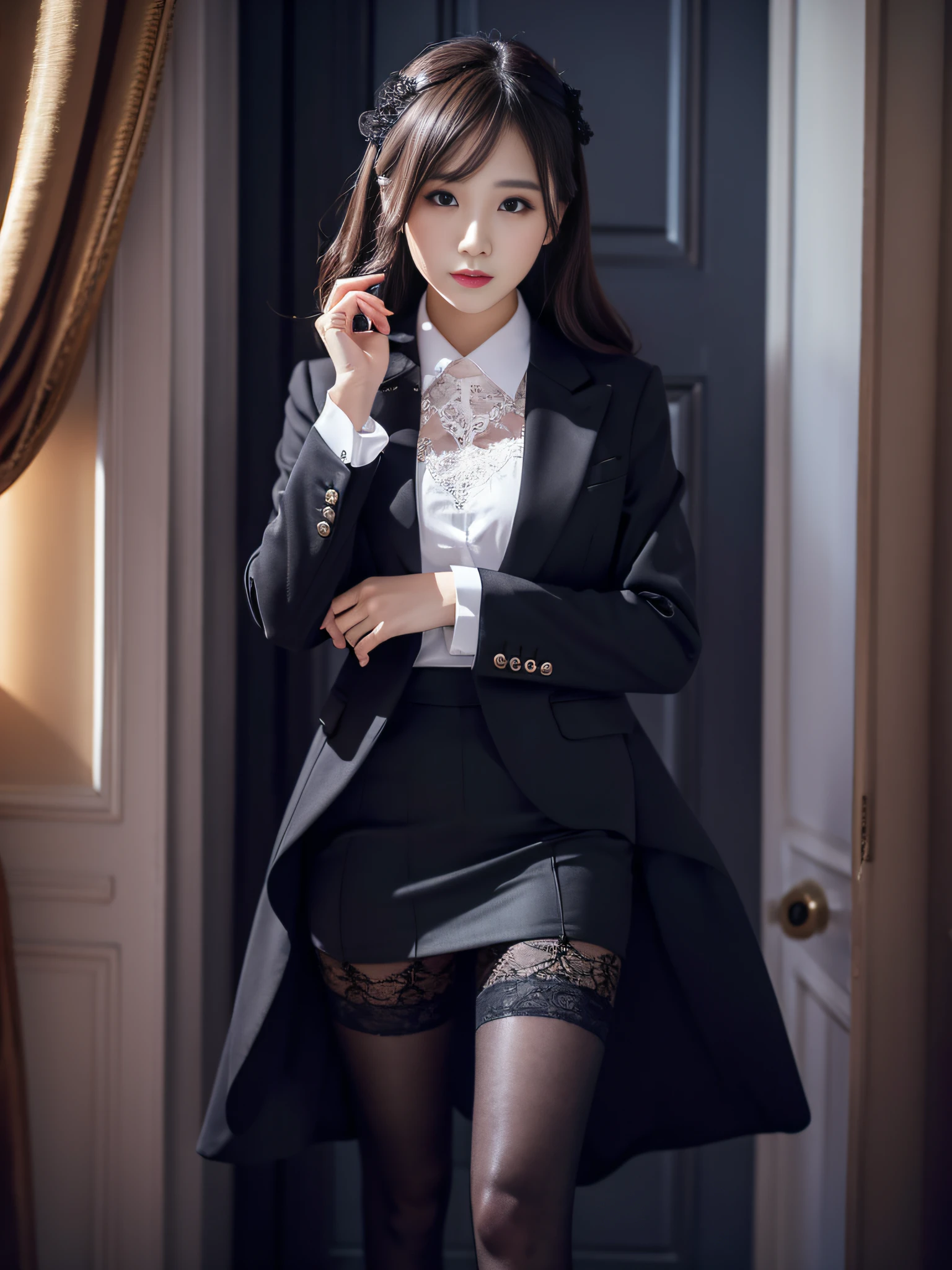 Charming beauties、black pantyhose、Suit jacket、Black tight skirt、beauty legs、Dyed in darkness、lacy fabric、Brainwashing makeup
