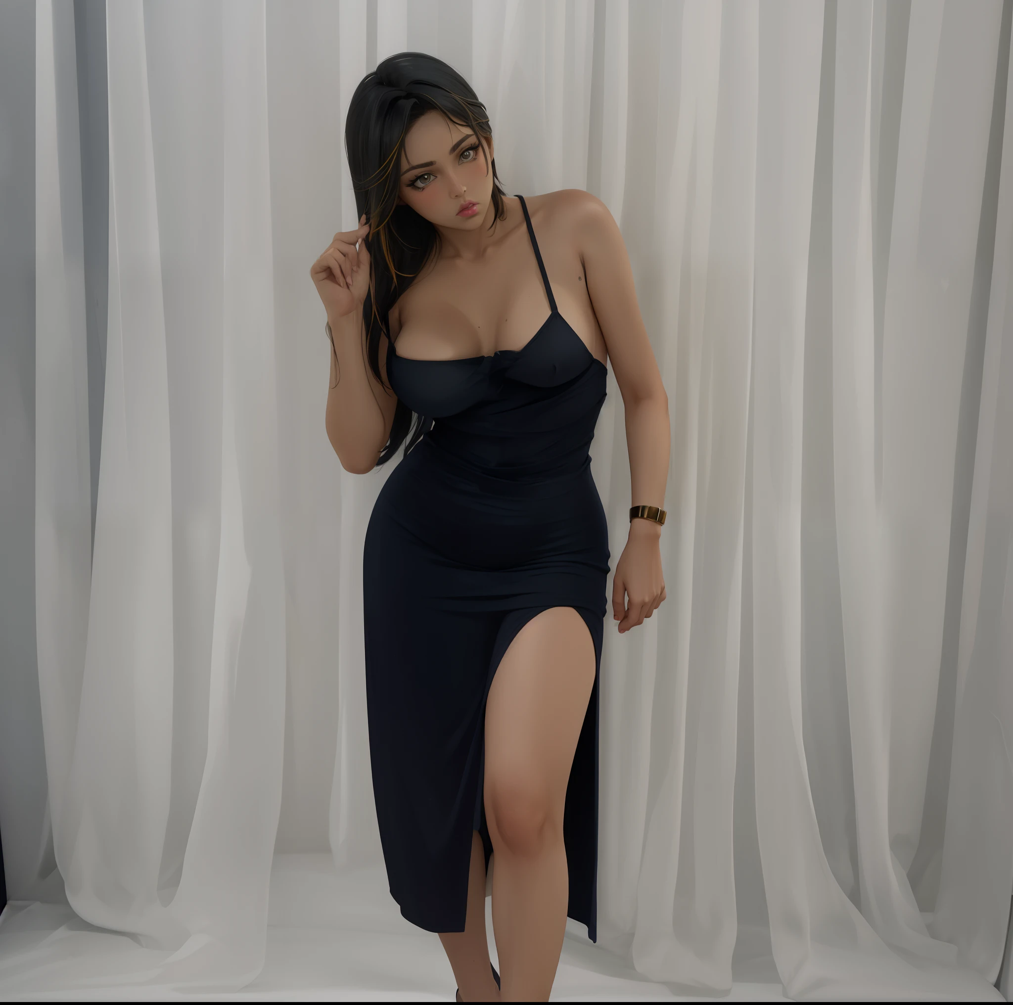 Annerose, 1girl, matural female, cabelos pretos, cabelos longos, olhos amarelos, seios grandes, Pele apertada, Hair Intake, (Detalhes de caracteres requintados, beautiful lips, Olhos amarelos bonitos, beautiful face, bonito e devidamente vestido), extremamente detalhe unidade 8k papel de parede, (sozinho:1.5), extremamente detalhe centro da cidade como pano de fundo, (Bodysuit, totalmente adequado, roupas fechadas)