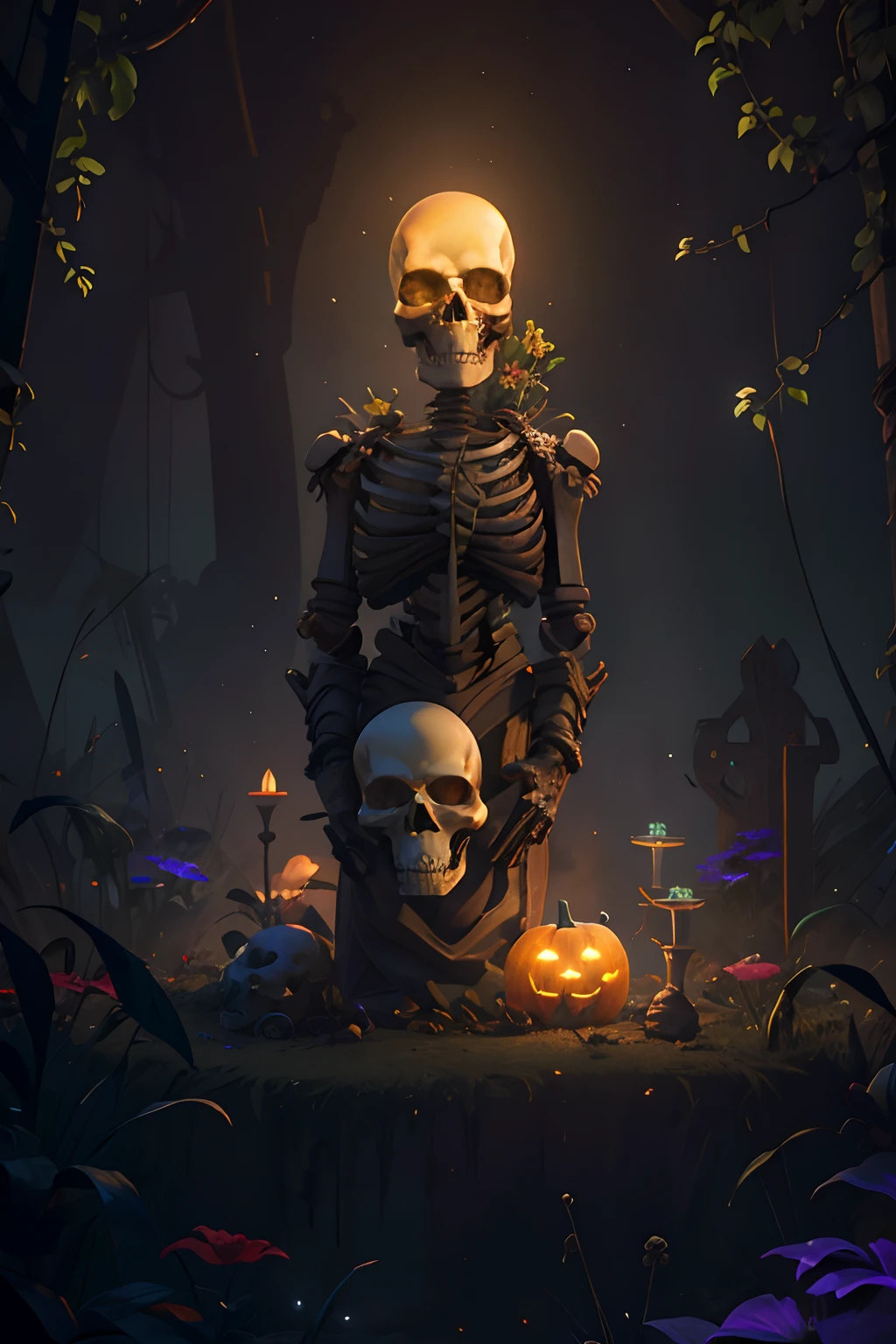 Pumpkins, Flowers, Baudelaire, long stems, Wide buds, Unusual flowers. Large pumpkins are scattered throughout the composition. Large, juicy, black buds, red stems, ((magic Glow)), ((2D painting, digital painting, high skill)), the best works of digital painting, high detail elements, background - wide stroke. Fantastic patterns - ornaments decorate, green stems, (skeletons and skulls are hidden in the shadows)). Riot Games, Blizzard, gaming art. Magic and cyberpunk mixed together. Warm range of colors, contrasting light with cold side lighting, expressing volume and shape, high-quality 3D visualization, render, masterpiece. highest quality, skull bone background, horror style, darkened, grainy, hazy.
Light from the side, heroic shot. Best quality, unreal engine, | Ultra HD | Full HD, high detail. Imitation graphics, artistic style. (bright evening lighting, warm light, sharp focus, 8K). Highly detailed textures, fabric, metal, and bone. The grain of the film, the shine on the stems, the humid air, the contrast of cold shadows and warm golden light, the whirlwinds of dead souls.