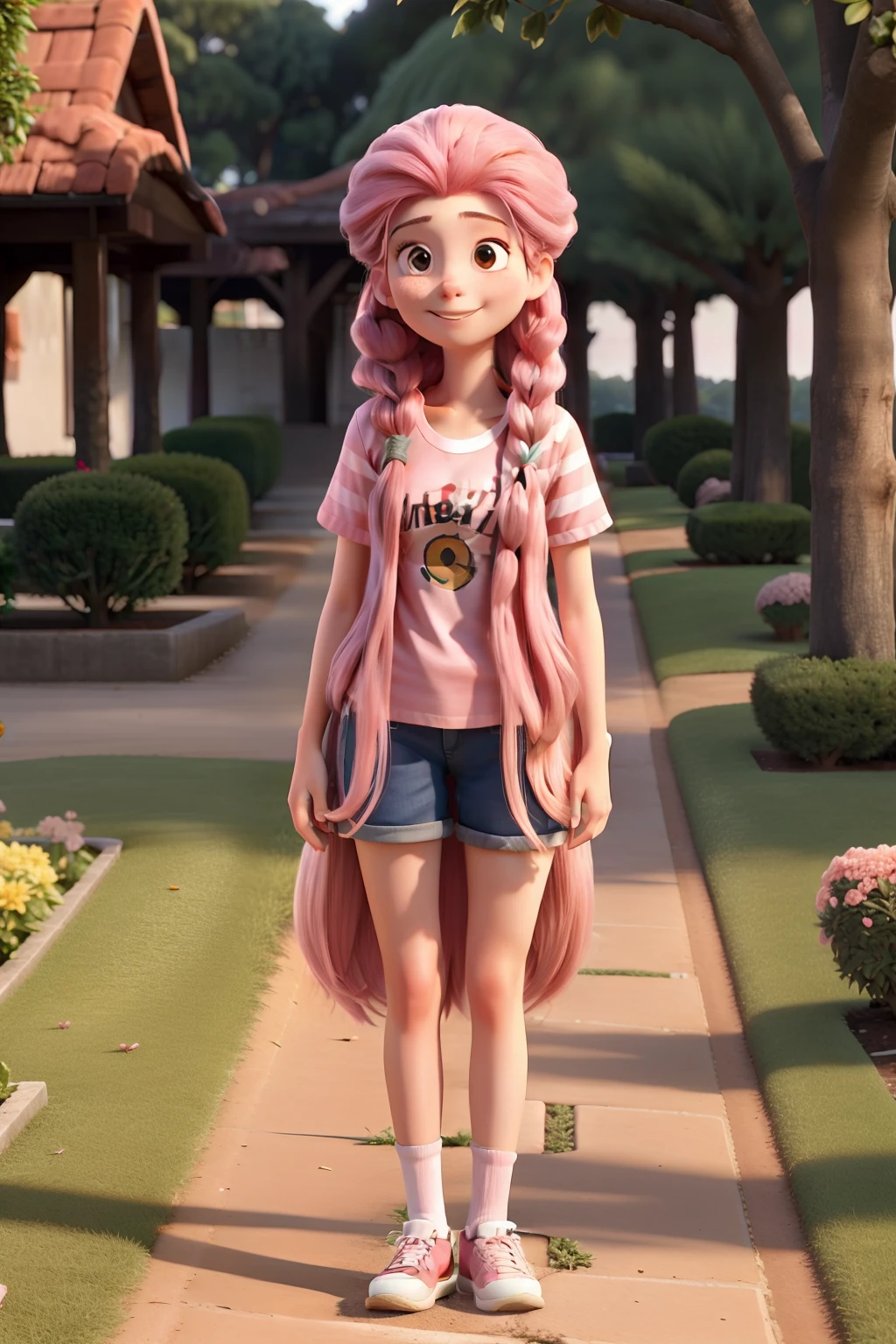 An 18-year-old girl with long pink hair, caminhando no jardim