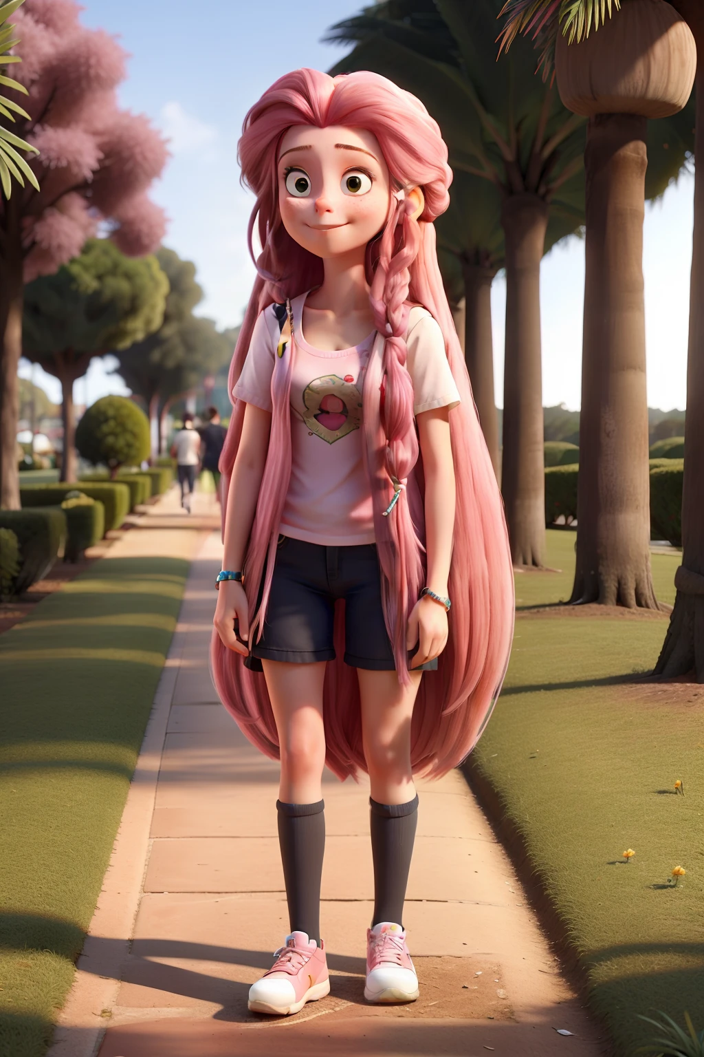 An 18-year-old girl with long pink hair, caminhando no jardim