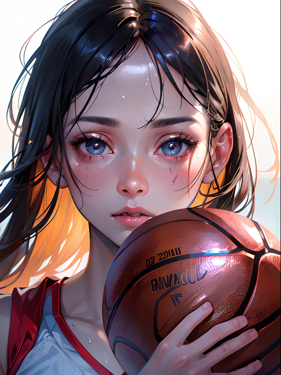 Best Quality, masutepiece, High resolution, (Photorealistic:1.4), Raw photo, 1 beautiful girl ,Dynamic Angle,Female basketball player,small head, Glowing skin, Sweat,At the basketball venue,(Detailed beautiful face:1.4),detailed skins,Detailed eyes,detailed hairs,shoot a ball,cute girl,pretty