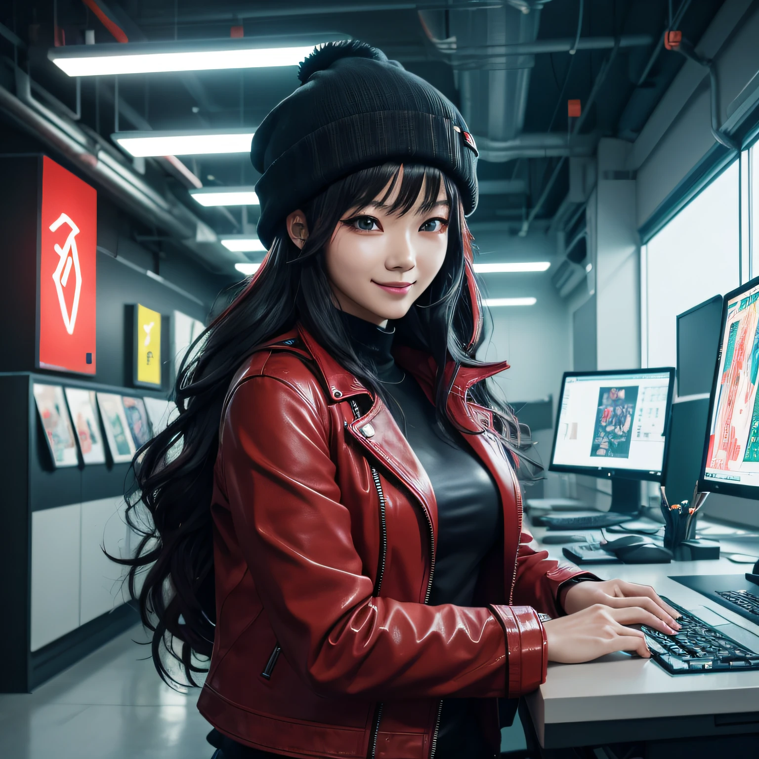 anime art style, cyberpunk art, and Bright and modern offices, Computer, greenery, computer desk, neon lighting, Beautiful Korean woman, Mouth slightly open, smile, dark long wavy hair, Red leather jacket, toque, facing forward, 

art inspired by Jean-baptiste monge,Koos Roos