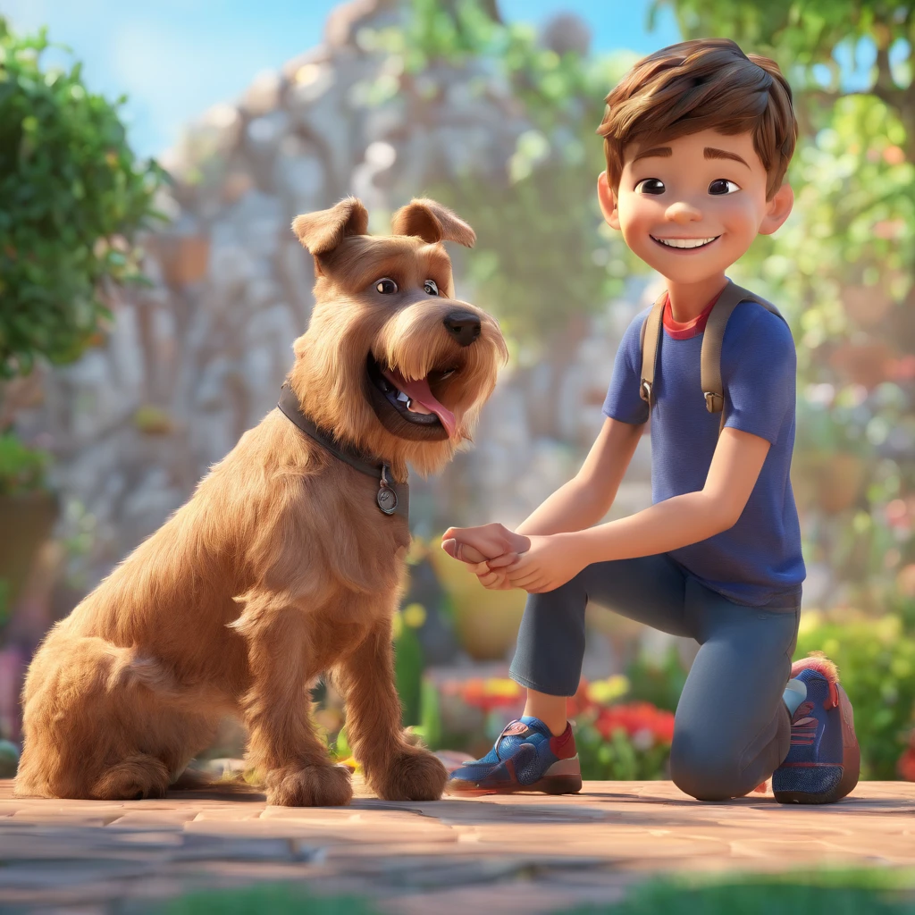 Lucas is a smiling 5-year-old human boy, com seu fiel amigo, Bolt, o cachorro schnauzer, deitados no jardim
