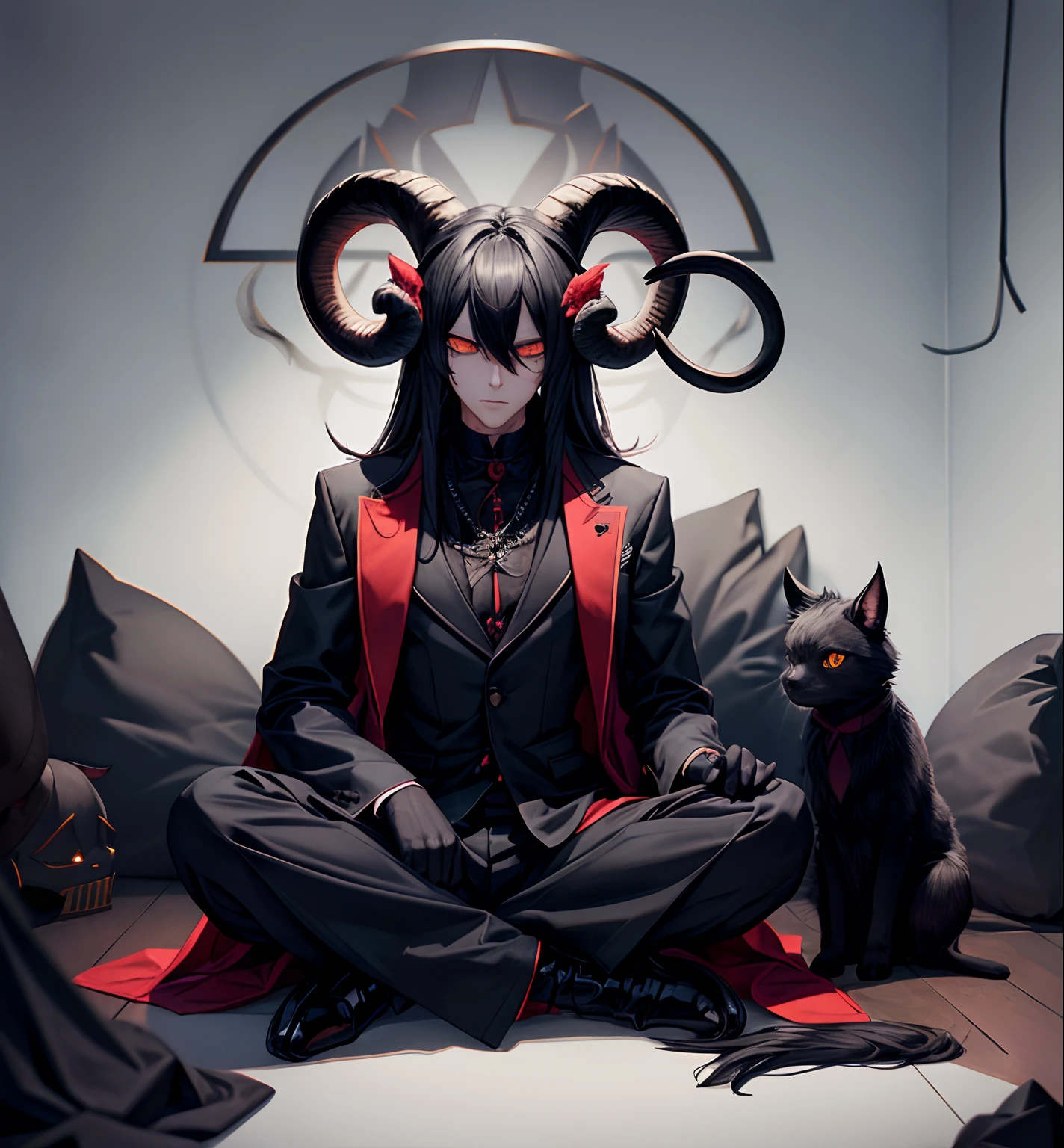 A male Meditation in  black goat fur suit , suit with goat eyes and horns  , dark black satanic cat