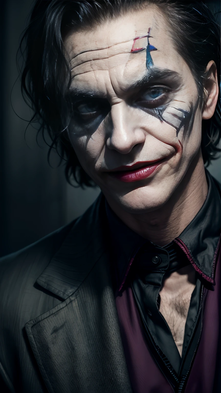 (best quality,4k,8k,highres,masterpiece:1.2), ultra-detailed, (realistic,photorealistic,photo-realistic:1.37), a detailed portrait of the Joker from the movie "Joker" with his iconic makeup and vibrant purple suit, haunting gaze, with every wrinkle, blemish, and freckle emphasized, a mesmerizing depiction of his macabre smile and menacing eyes, capturing the complex emotions of the character, a stunning rendition of Joaquin Phoenix's transformation into the Joker, with impeccable attention to detail, showcasing the depth and darkness of the character's psychological journey, set against a gritty urban backdrop, enhanced with dramatic lighting to accentuate the eerie atmosphere, creating a chilling and atmospheric scene that embodies the essence of the film, cinematic in its composition, conveying the raw intensity and disturbing allure of the character, a captivating artwork that captures the essence of the Joker with an artistic interpretation, blending realism and stylized elements, showcasing the duality of the character's nature, the fine brushwork and rich colors adding depth and dimension to the image, a true masterpiece that celebrates the iconic portrayal of the Joker on the silver screen.