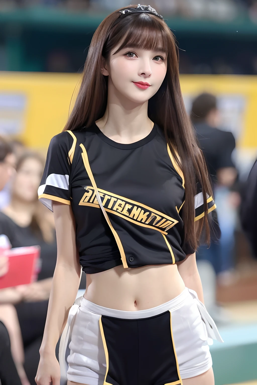 (Best Quality, 4K, Masterpiece: 1.3), Pretty Korean Woman, 1girl, Sexy: 1.1, Long Dark Brown Hair: 1.1, Woman in Tight Volleyball Suit, Yellow Volleyball Girl Tight Jersey, Ultra-detailed Face, Detailed Lips, Delicate Eyes, Double Eyelids, ((Black Short Pants)), Big Breast, (W cup), Woman Age 20, In Volleyball Field, Clothes Girl Tight, Breast Girl Stand Out, Girl Smiling, Breast Girl Looming Out