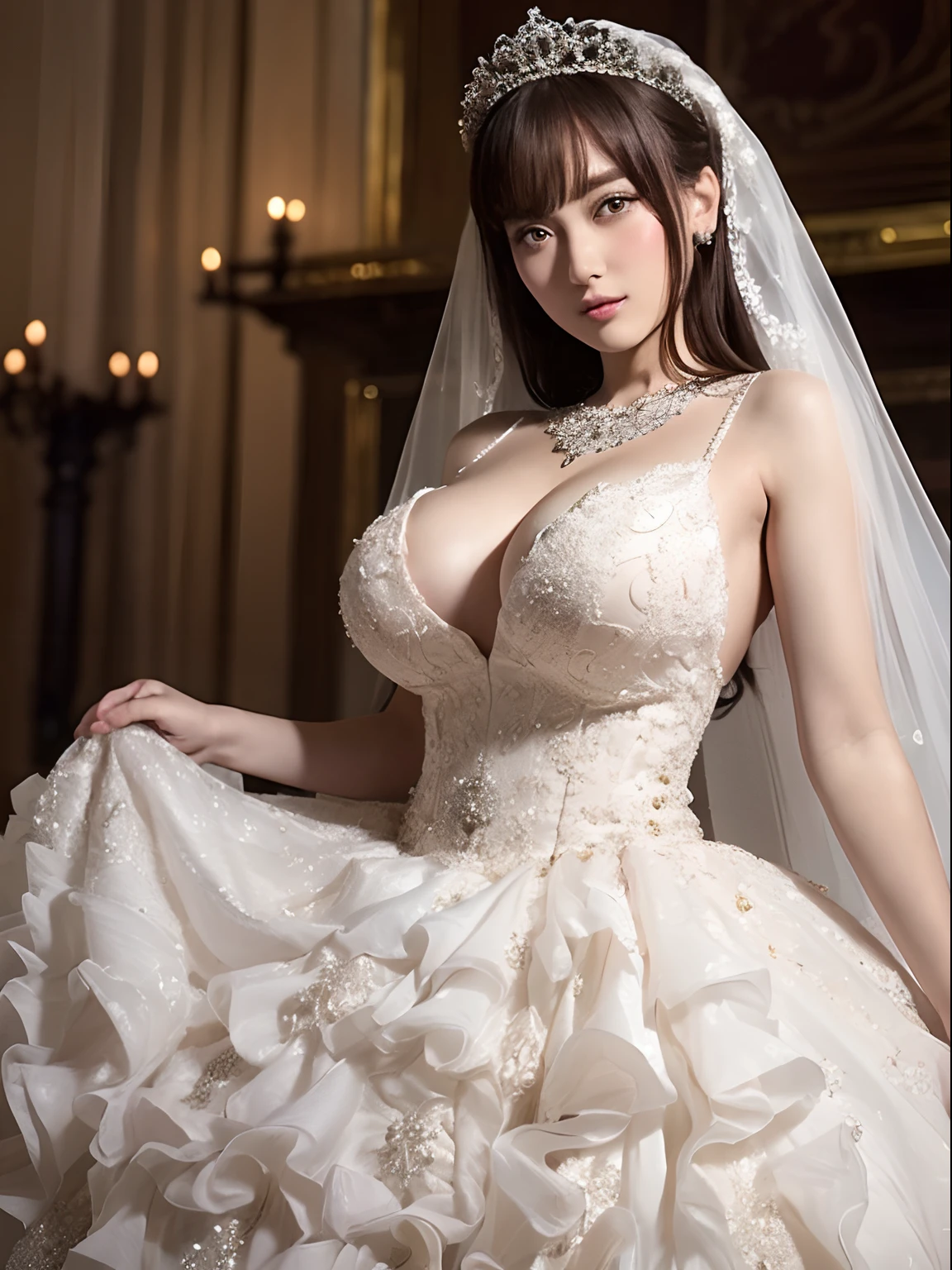 ((anime art style)),(masutepiece),(Best Quality), (Super Detail),((Very delicate and beautiful)),Focus on character,Dynamic Angle,Looking at Viewer,((Solo)),Standing,((Full body)),((One princess in a voluminous skirt and gorgeous ball gown wedding dress)),((June bride)),Detailed face and eyes,Eyes Like Gems,((Very Long voluminous Hair)),gorgeous embroidery and lace,((Gorgeous corsage)),See-through,(Gorgeous jewelry ornaments),luxury hair ornament,luxury tiara with jewels,ornate ruffles,((huge-breasted,Long breasts)),Indoor,Church Wedding,((Full body)),hoop skirt,crinoline,Very long wedding veil,(((Fusion of jeweled wedding dress and gorgeous embroidered rococo ball gown)))