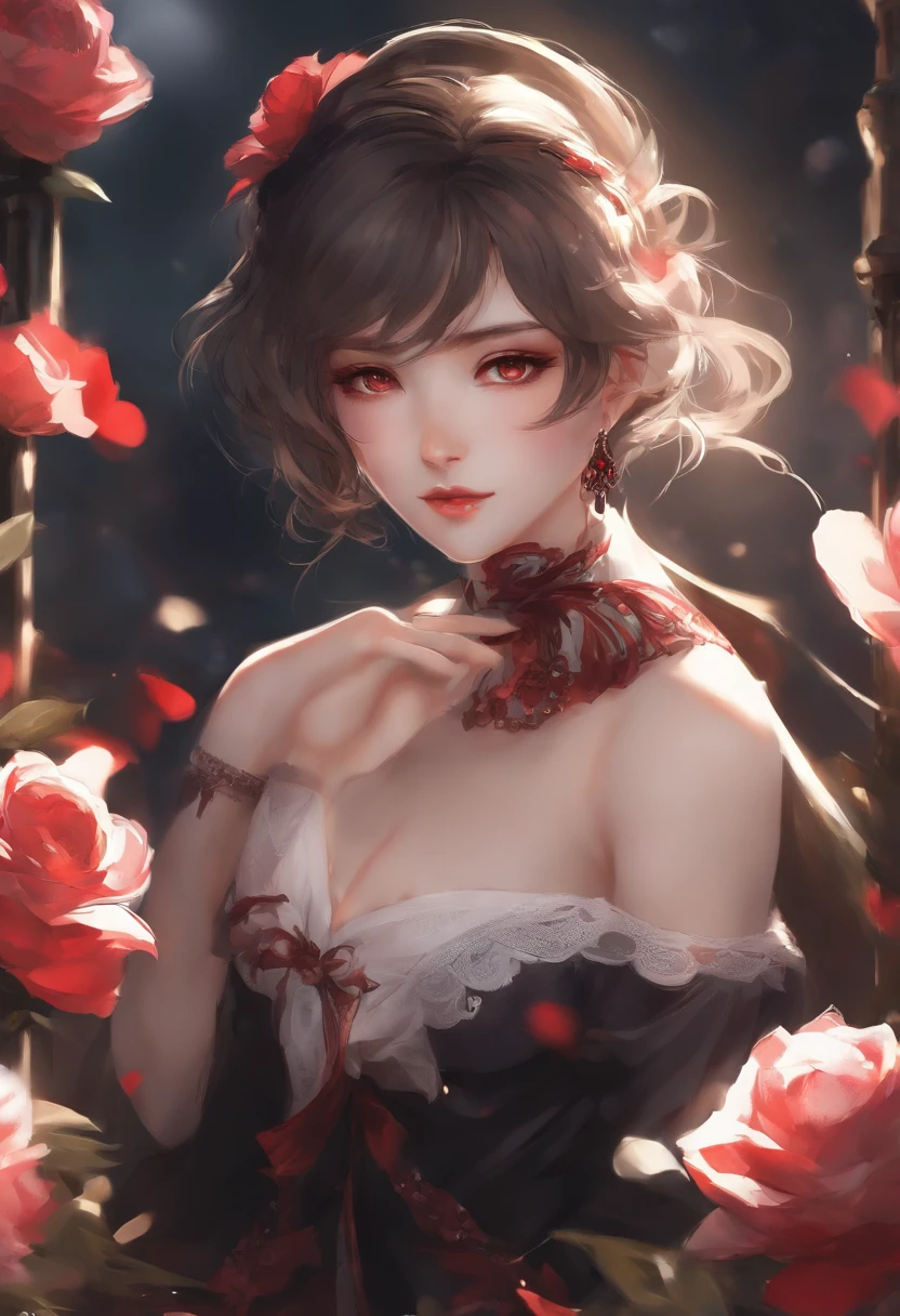  anime com cabelo preto longo e um vestido branco com rosas vermelhas, Guweiz, Guweiz em Pixiv ArtStation, arte de anime digital detalhada, menina bonita, Guweiz em ArtStation Pixiv, estilo anime 4K, Kawacy, retrato bonito do anime, retrato detalhado da menina do anulher bonita do anime, arte detalhada do anime