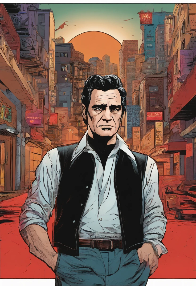 Johnny Cash, wearing a black t-shirt, short sleeve, stands in front of a graphitti art enviroment. His hands are casually tucked into his pockets as he stares directly into the camera, his intense gaze capturing the attention of all who see it. The red light adds a haunting quality to the scene, making it truly unforgettable.