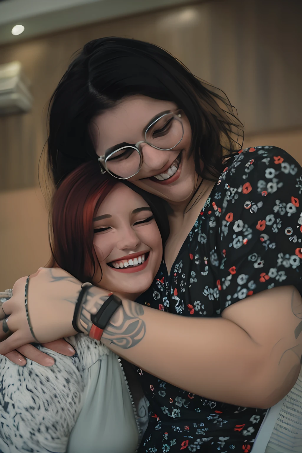 Two women hugging, uma ruiva de cabelos longos e mais baixa, a outra mais alta, de cabelos escuros e na altura do ombro, com duas mechas loiras na frente, both with tattoos on their arms