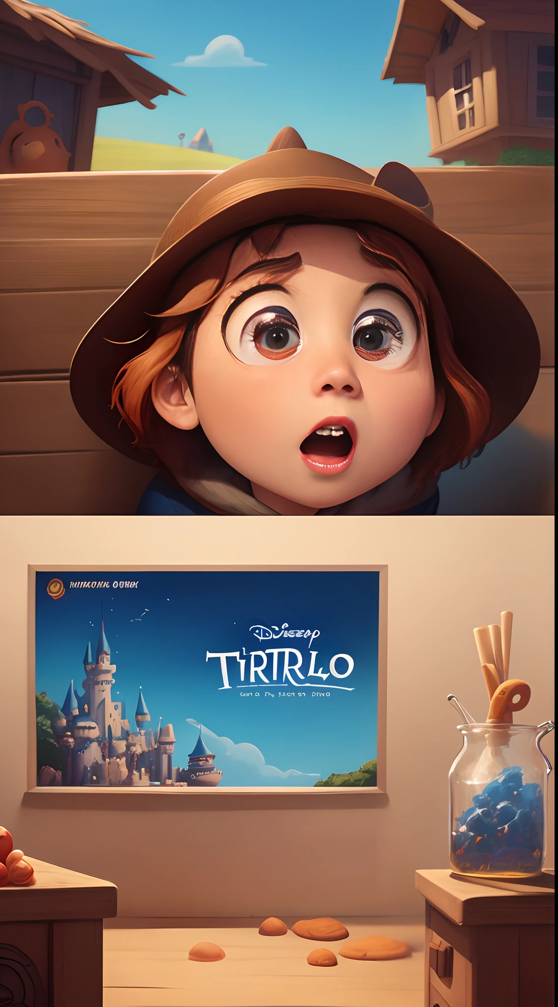 A Disney Pixar-inspired movie poster with title "Tirulo". (description). The scene should be in distintas digital art style of Pixar, with a focus on character expressions, vibrant colors and detailed texture that are characteristic of their animations with the