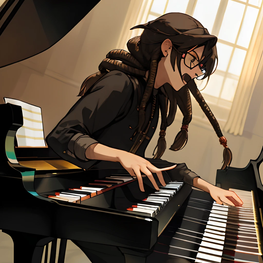 Homem negro com dread amarrado, oculos de grau quadrado, tocando piano e cantando