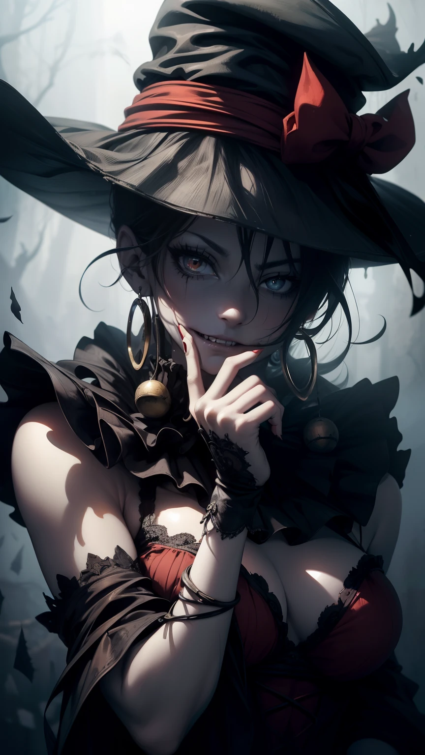 (Best quality,4K,8K,A high resolution,Masterpiece:1.2),Ultra-detailed,(Realistic,Photorealistic,photo-realistic:1.37),Gothic clowns,Delicate facial makeup,Dark and mysterious atmosphere,gold earring,smiling expression,Playful and mischievous eyes,Teeth with sharp fangs,Tattered and colorful costumes,Vivid red and black color scheme,Striking contrast,Creepy and intriguing backgrounds,Ominous moonshine,Dramatic lighting,fine brush strokes,Dynamic and expressive pose,Clown hat with bells,Dramatic shadows,Wrinkles and textures on the clown's face and hands,Weathered and worn appearance,Haunting and captivating sight
