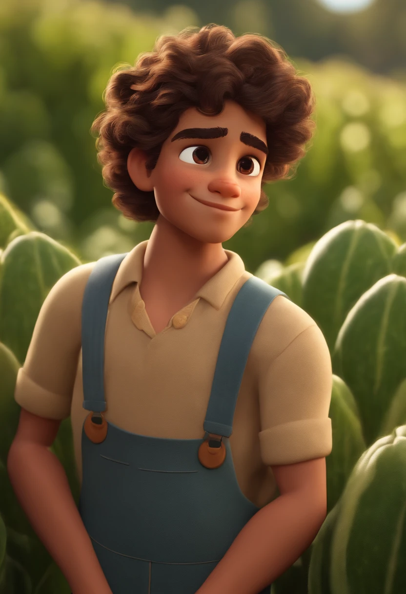 Image of a young man for a story in a YouTube video in Pixar format, He is a farmer with curly hair and brown eyes, alegre, segurando verdura em sua horta