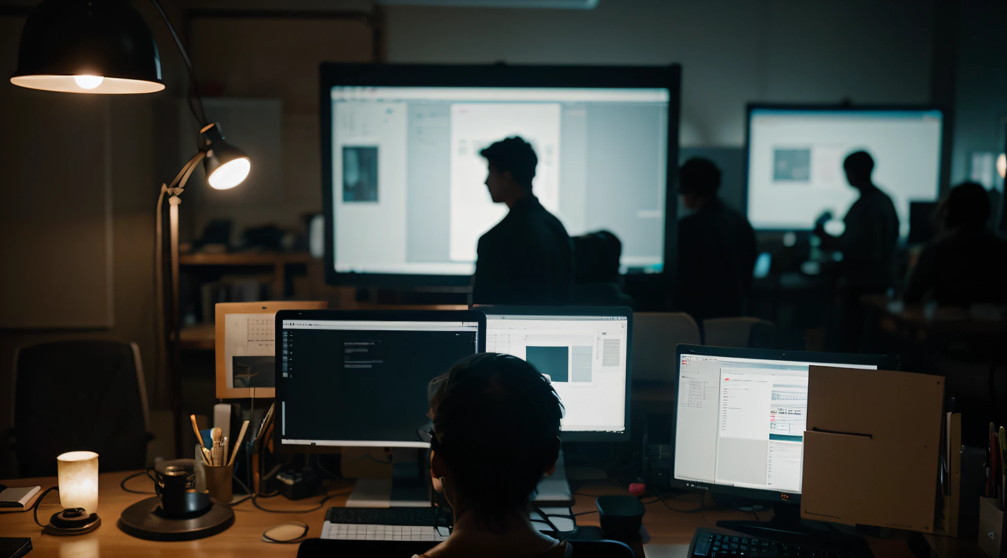 A dimly lit workspace with blurred distractions in the background, symbolizing the need to eliminate distractions