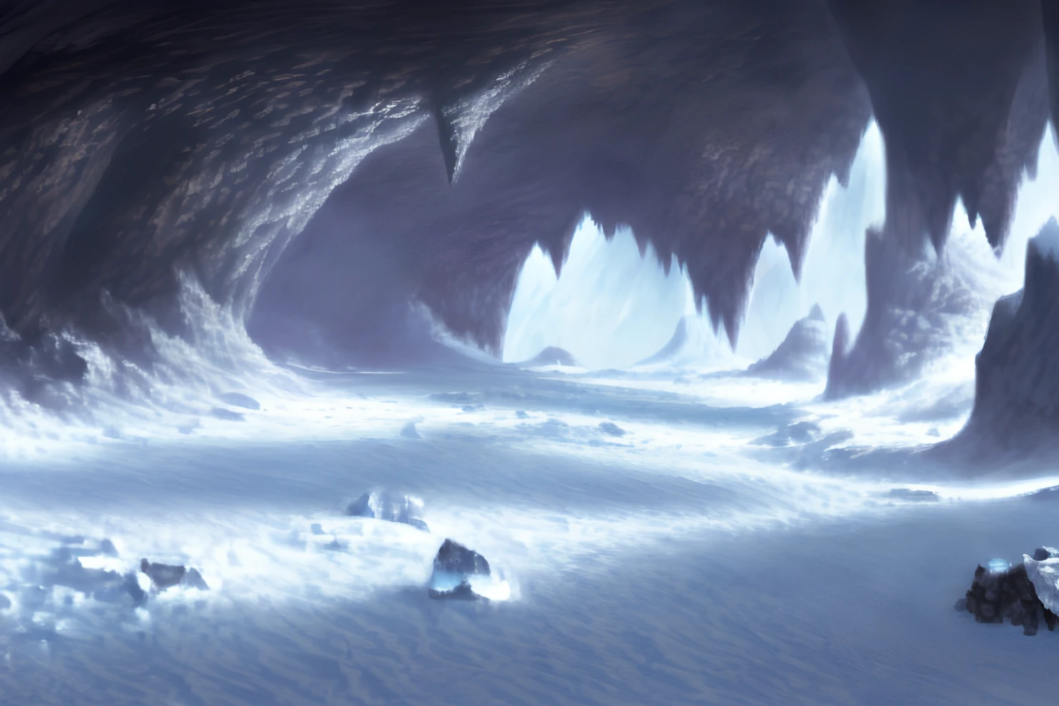 Create a silver dragon cave surrounded by coins and gems. The cave should be surrounded by ice and snow