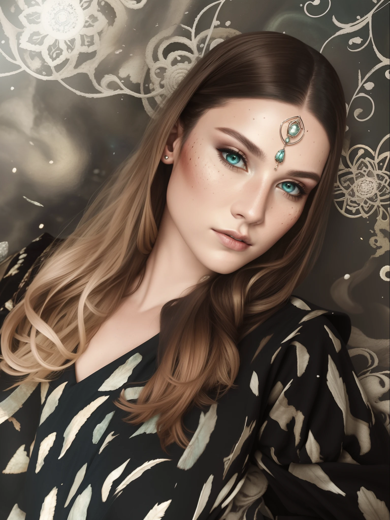 (full portrait), (half shot), solo, detailed background, detailed face, (stonepunkAI, stone theme:1.1), wise, (female), shaman, mystical, (gorgeous face), head tilted upwards, (eyes closed, serene expression), calm, meditating, Seafoam Green frayed clothes, prayer beads, tribal jewelry, feathers, jade, obsidian, detailed clothing, realistic skin texture, (floating particles, water swirling, embers, ritual, whirlwind, wind), foreboding atmosphere, sharp focus, volumetric lighting, good highlights, good shading, subsurface scattering, intricate, highly detailed, ((cinematic)), dramatic, (highest quality, award winning, masterpiece:1.5), intricate symmetrical warpaint,