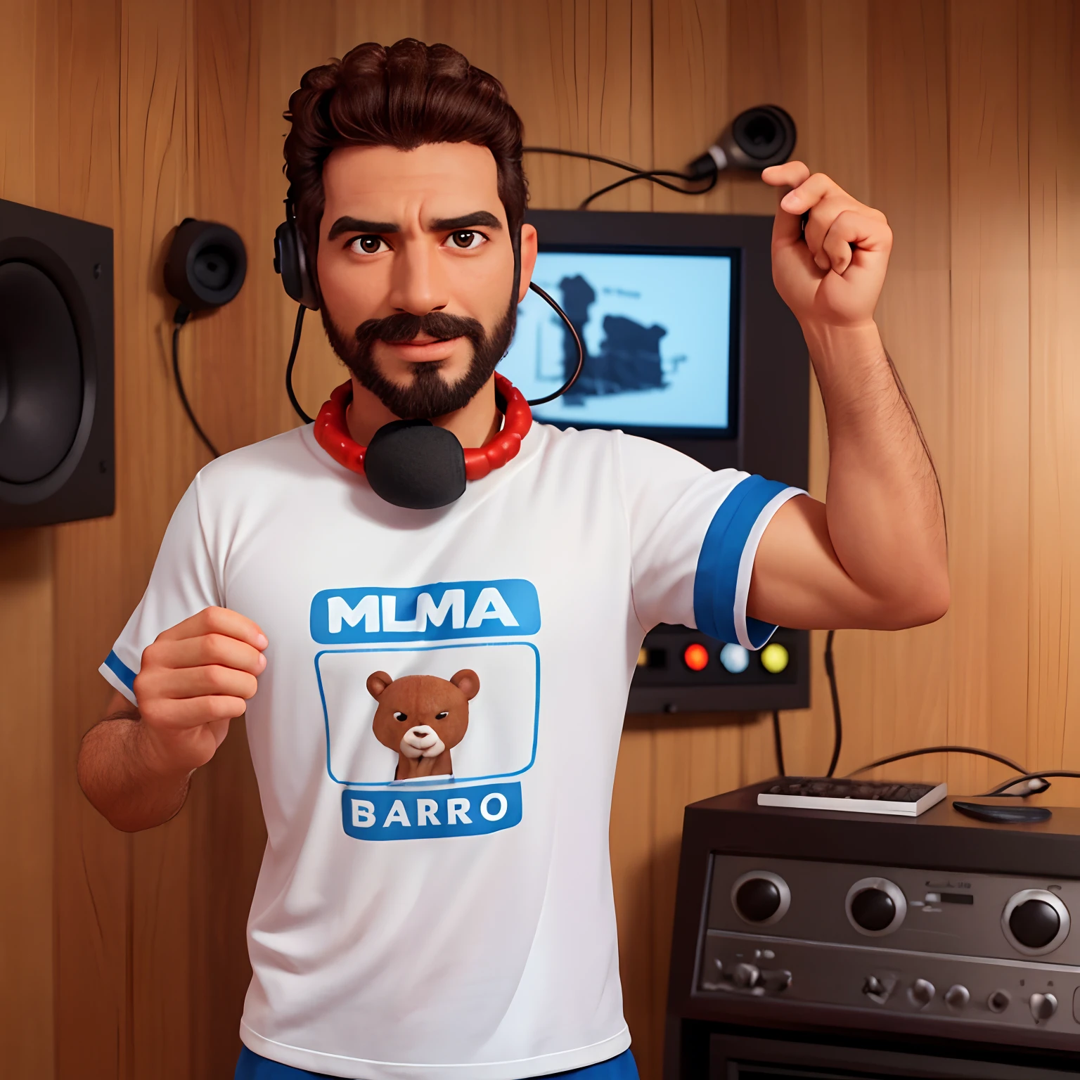 um homem de 30 anos,careca, barba por fazer, in your live recording studio. happy with a headset around his neck and a goro on his head wearing the shirt of his Corinthians team, ao seu lado seu urso de pelucia em formato de cavalo vestido na camisa do corinthians