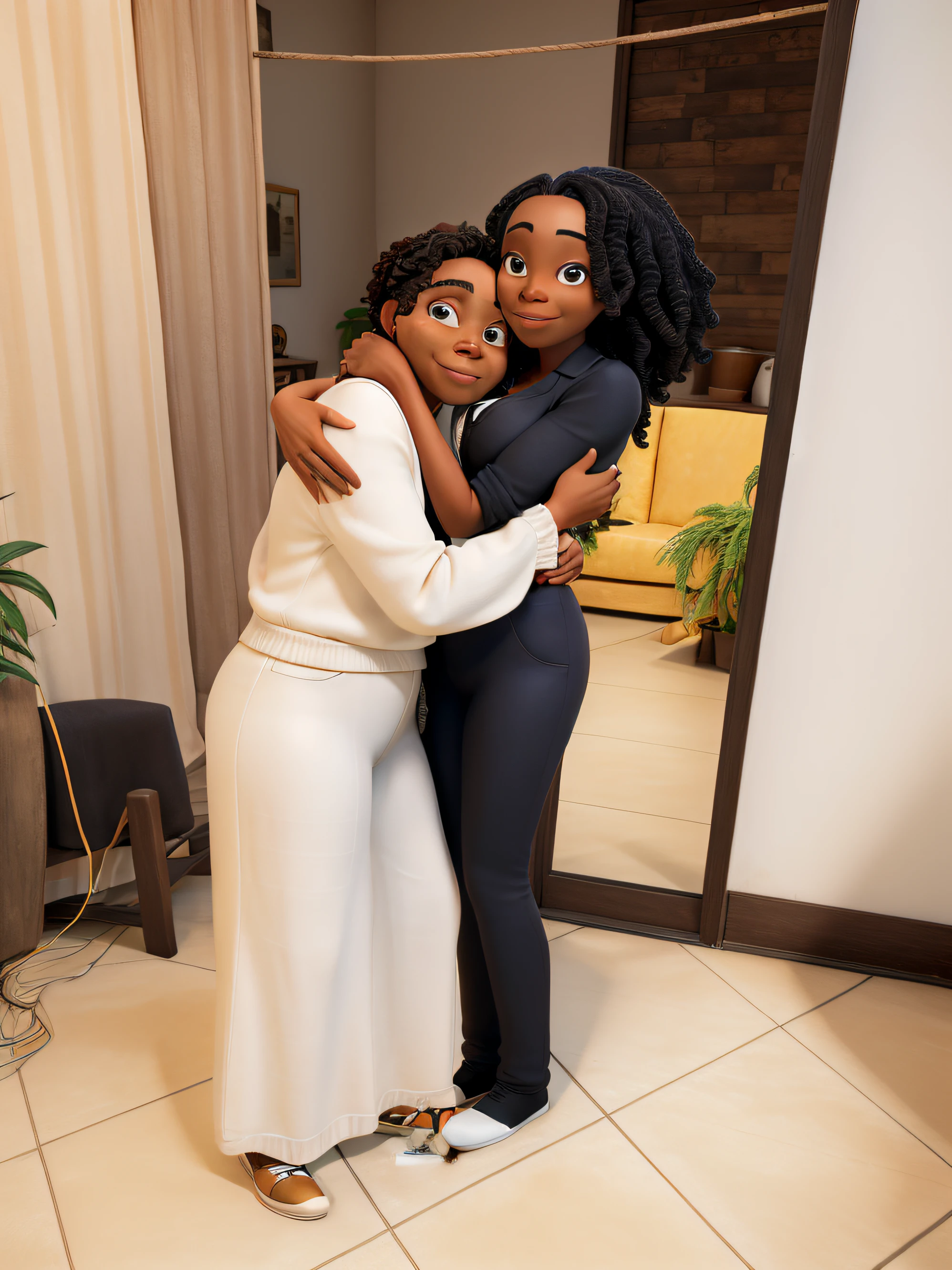 Obra-prima, de melhor qualidade, A woman hugging a black woman, Standing in the living room.