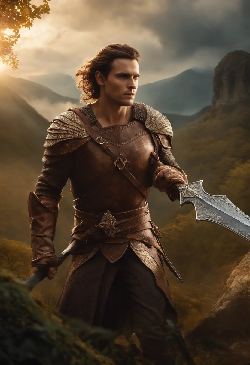 imagem epica de um anjo masculino, 4k, imagem horizontal, corpo inteiro, cabelos longos, sem elmo, armadura extremamente detalhada, armadura branca com detalhes dourados, poderoso, glorioso, forte, brandindo espada, estilo frank frazeta e concept art, luzes, muitos detalhes, aparencia similar aos elfos de tolkien, em pose de batalha, Flying in the skies, cenario epico e misterioso, Mythological and closed sky.
