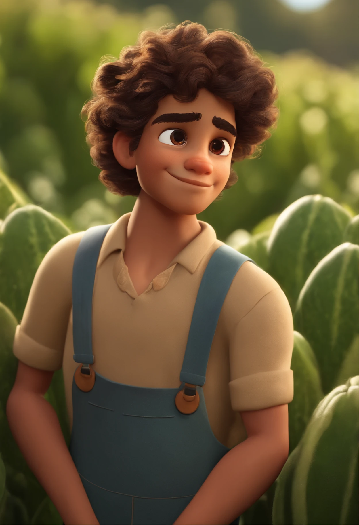 Image of a young man for a story in a YouTube video in Pixar format, He is a farmer with curly hair and brown eyes, alegre, segurando verdura em sua horta