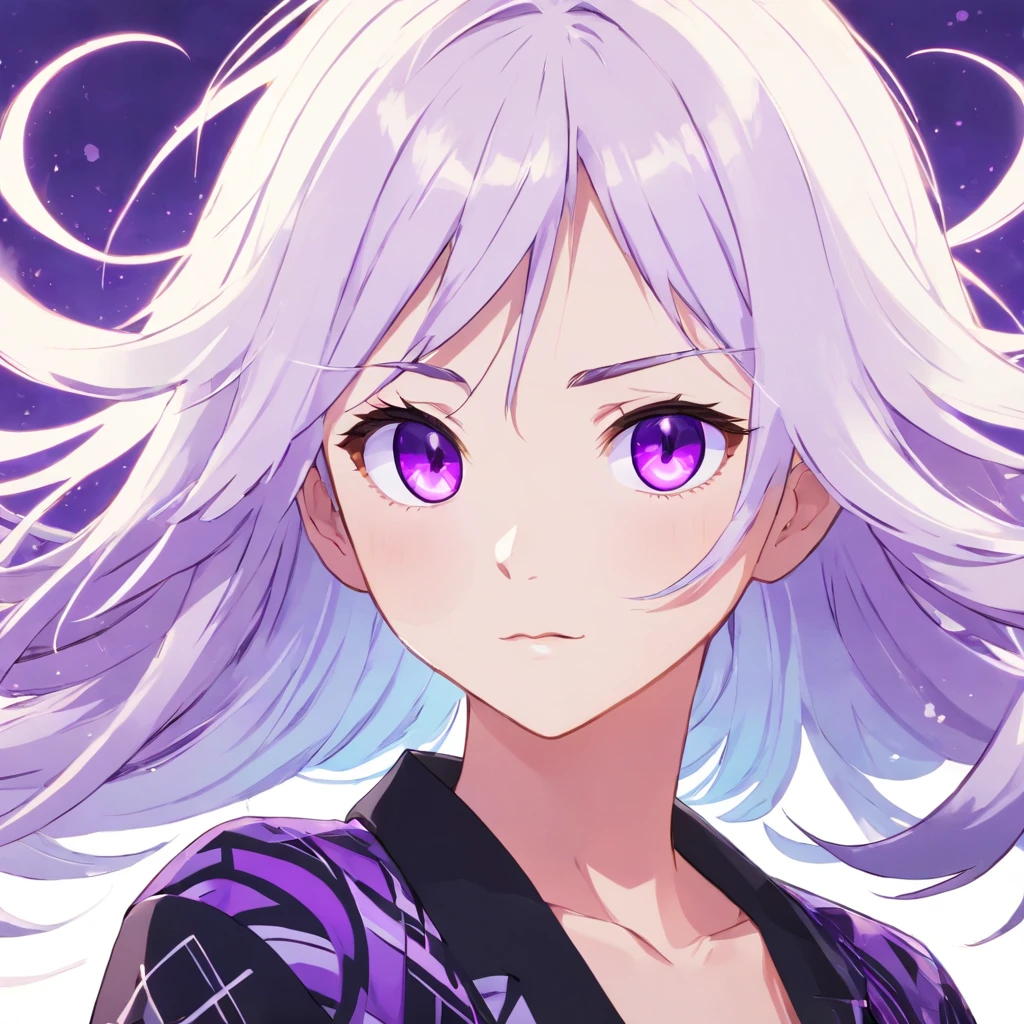 purple eyes,cool eyes,eyes with patterns,white hair,black shirt,half body,white background,oc rendering,oc,long hair,highly detailed body,anime screencap,anime coloring,high detail,white background,long hair,white hair
