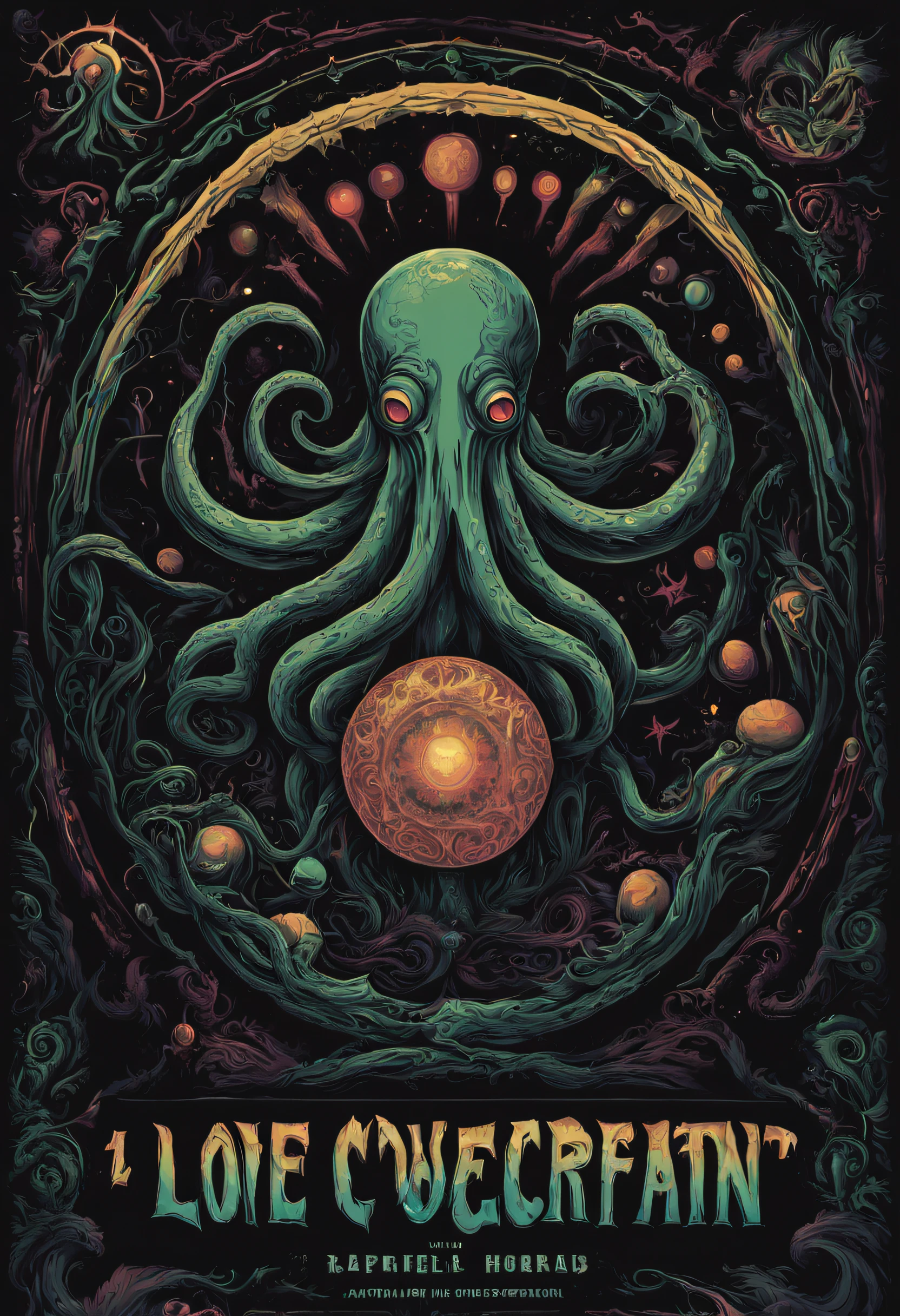 POSTER ART, Explore the Lovecraftian horror genre with an illustration that conveys the otherworldly and cosmic dread often associated with the works of H.P. Lovecraft. text, logos, modern art, pop art, black background