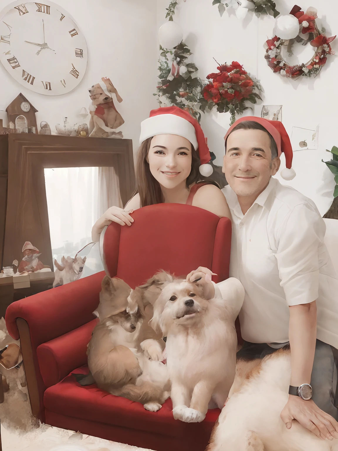 There are two people sitting on a red chair with a dog, imagem de perfil, sentado no Papai Noel, tomada em 2 0 2 0, foto do perfil, Family photo, with dogs, por Elena Teacher, momma and papa, foto descoberta, 1614572159, 4 k post, imagem de qualidade muito baixa, Postagem 4k