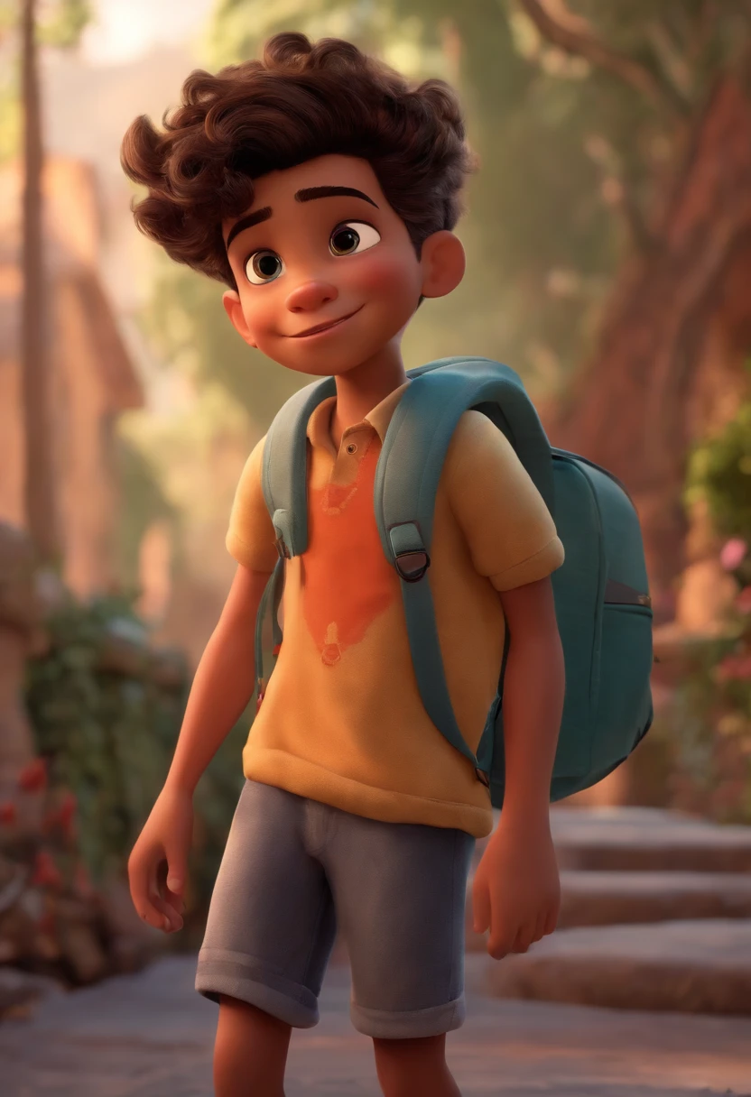 Image of a boy for a story in a YouTube video in Pixar format, He's the  allabester, He's the class leader, He's outgoing, Playful and gets up for a lot of things, cabelo curto