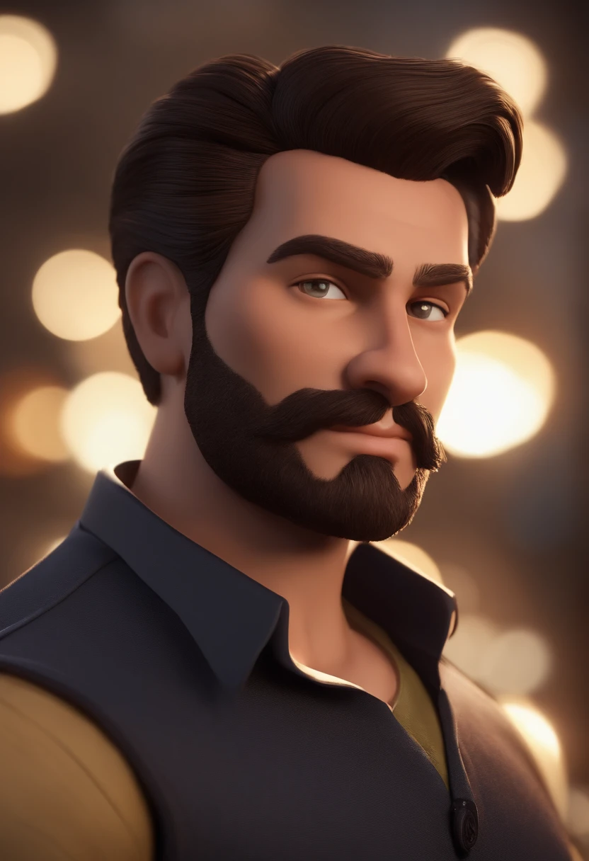 Personagem de desenho animado de um homem com olhos puxados, com bigode pequeno, cabelo rapado dos lados e franja, e nariz aredondado, de pelo marrom camisa preta, animation character, Caractere estilizado, animation style rendering, 3D estilizado, Arnold Maya render, 3 d render stylized, toon render keyshot, Personagem 3D, Personagem 3D, 3d rendering stylized, 3 d character render, personagem de desenho animado, Personagem de close up, Pose de personagem, (Estilo Pixar) (master part:1.2) (Bokeh) (best quality) (pele detalhada) (textura detalhada) (8k) (argila) (Cinematic lighting) (foco nítido