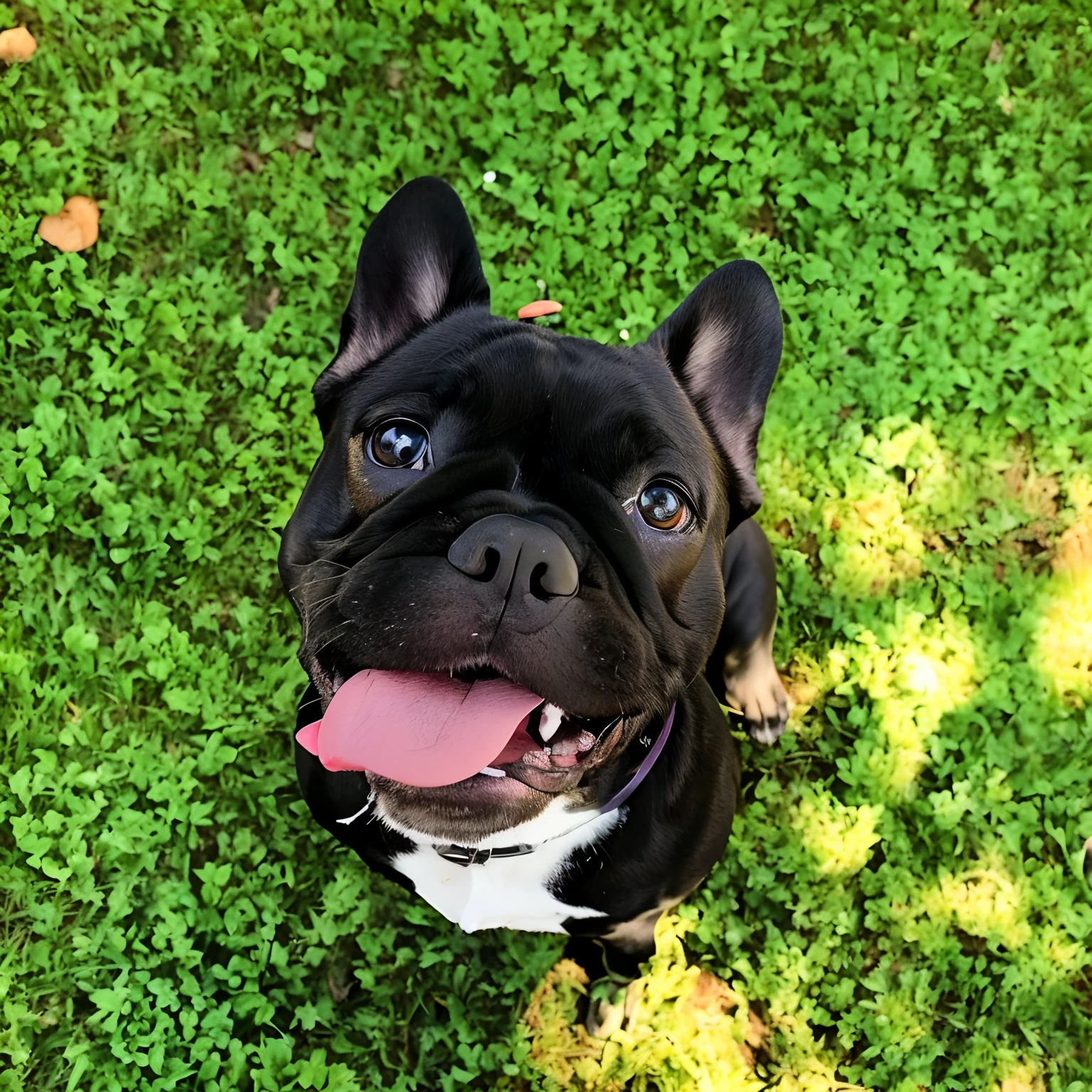 Araffe sitting on the grass looking at the camera, french bulldog, looking-into-camera, looking-into-camera, Looking towards the camera, happily smiling at the camera, selfie of a dog, um bonito, winking at the camera, staring directly at camera, Looking directly at the camera, front facing the camera, smiling at camera