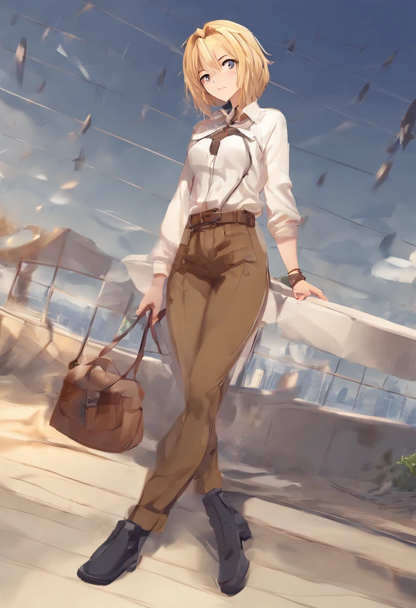 Estilo AOT, Shingeki no Kyojin,, , Christa Renz,, 1girl, belt, Cinto, blonde hair, olhos azuis, brown footwear, brown pants, fivela, chest belt, camisa de gola, Diamante (forma), cabelos flutuantes, de lado, corpo inteiro, fundo cinzento, cabelo entre os olhos, hands on own thighs, cabelos longos, mangas compridas, Olhando para o futuro, own hands together, Pants, separated-lips, camisa, SHOES, sentado, sozinho, brilho, estrela (simbol), thigh strap, camisa branca, , , ((master part)), best quality, ,