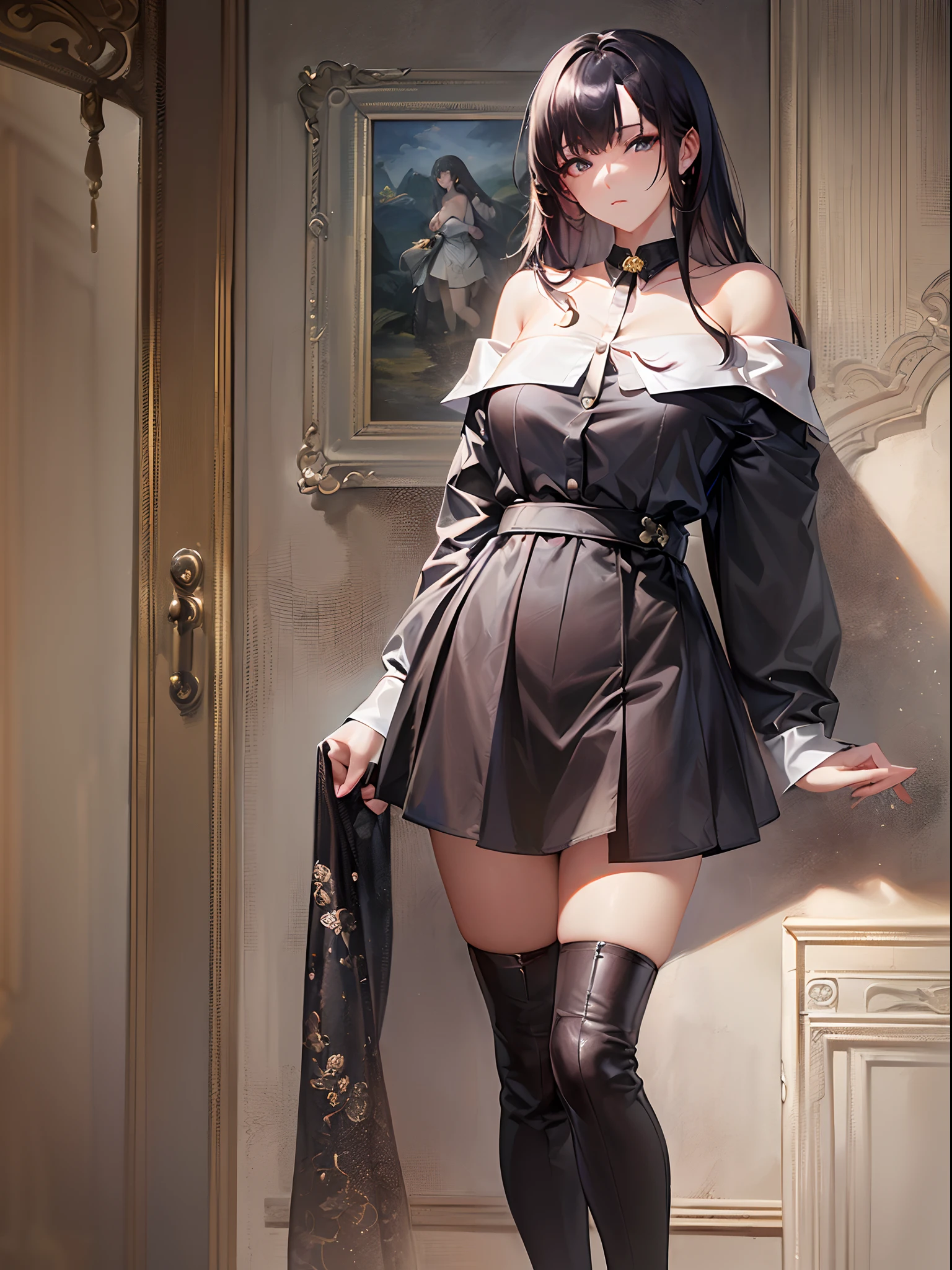 ((Finest quality)),(超A high resolution),(ultra-detailliert),(Meticulous portrayal),((best pictures)),(Finest works of art),Ultra-Precision Art,The art of astounding depiction, (1人の女性:1.5),(off shoulder shirt:1.6),stockings,Women's Boots