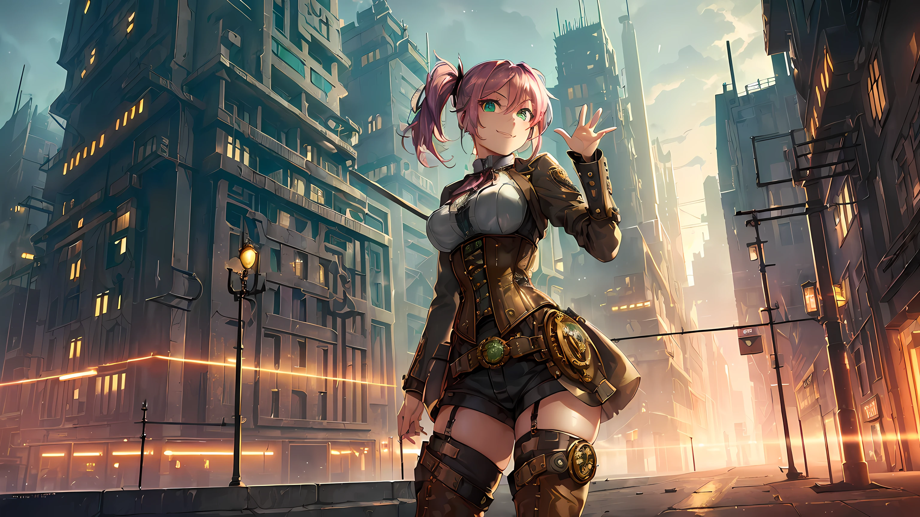 The most beautiful and sexy post apocalyptic steampunk girl, pink hair, blue eyes, wearing highly detailed steampunk tactical gear, huge gigantic tits, cleavage showing, tons of tattoos and piercings, metal fragments blowing in the wind, post apocalyptic wasteland, highly detailed background, perfect masterpiece, high quality, high resolution