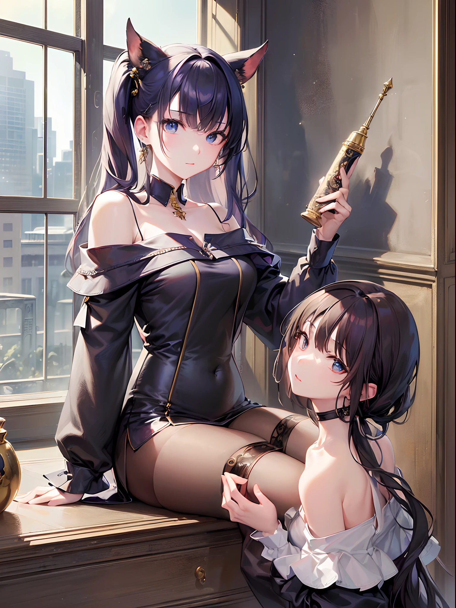 ((Finest quality)),(超A high resolution),(ultra-detailliert),(Meticulous portrayal),((best pictures)),(Finest works of art),Ultra-Precision Art,The art of astounding depiction, (1人の女性:1.5),(off shoulder shirt:1.6),stockings,Women's Boots