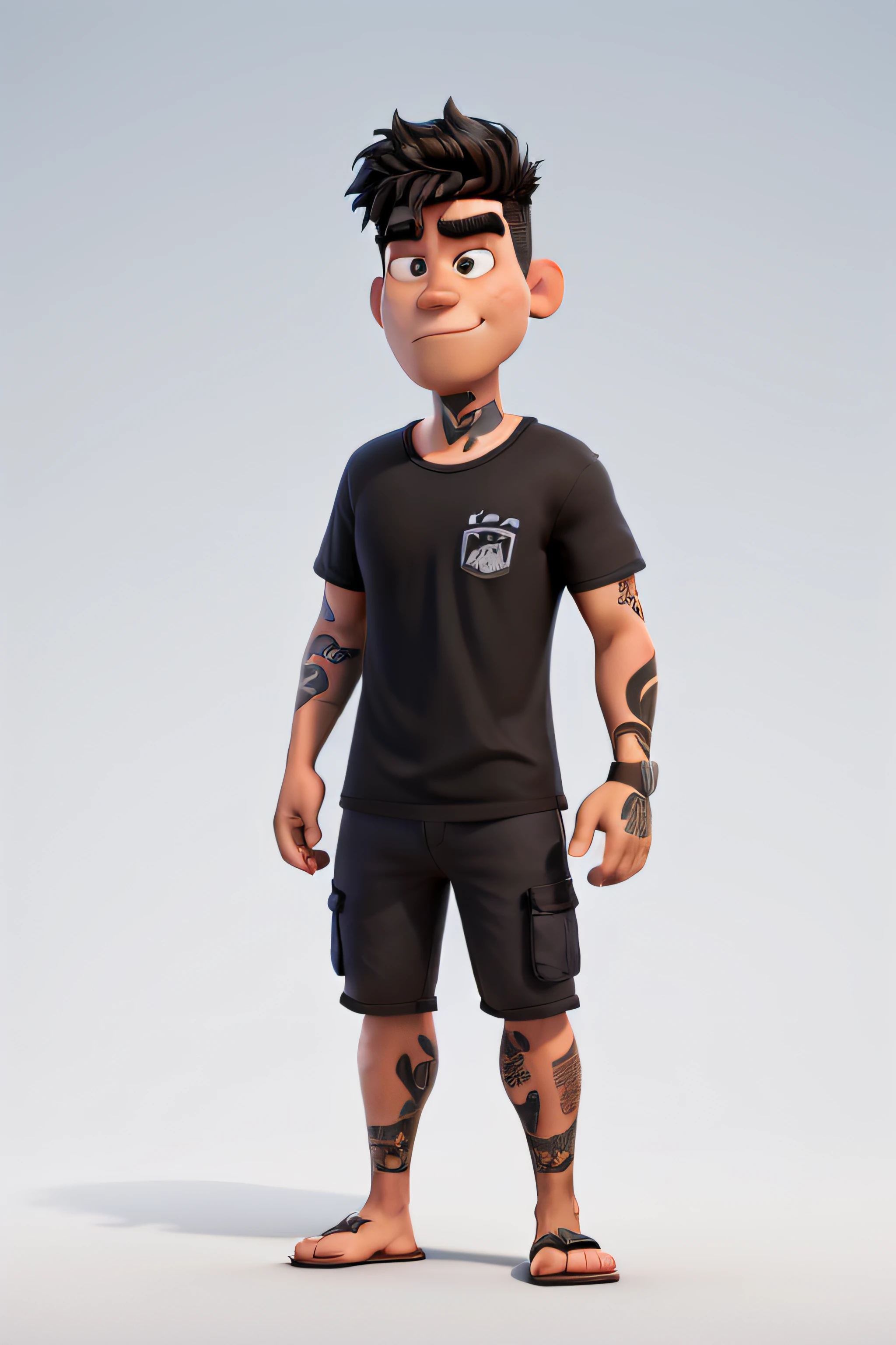 usar imagem para fazer uma capa de filme da pixar com man with medium build, LARGE, 26 years old, black hair, black flip-flops, black shirt and black shorts, tattoo on the right arm and left hand, hair high, closed FACE with broad shoulders, angry, side of the hair shaved