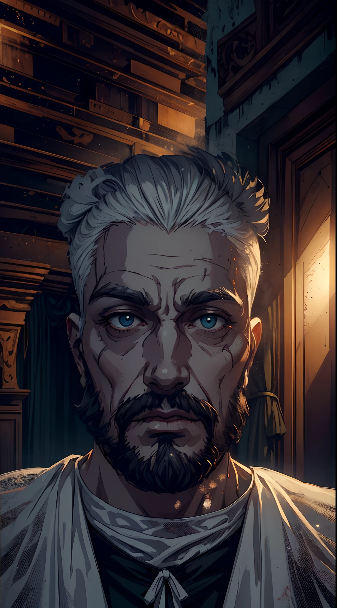 An enigmatic Halloween theme man, dressed as a vampire, flowing white robe, hovering in a haunted, abandoned mansion, ancient cobweb-covered furniture, a chilling breeze, and ghostly apparitions, Illustration, digital art,