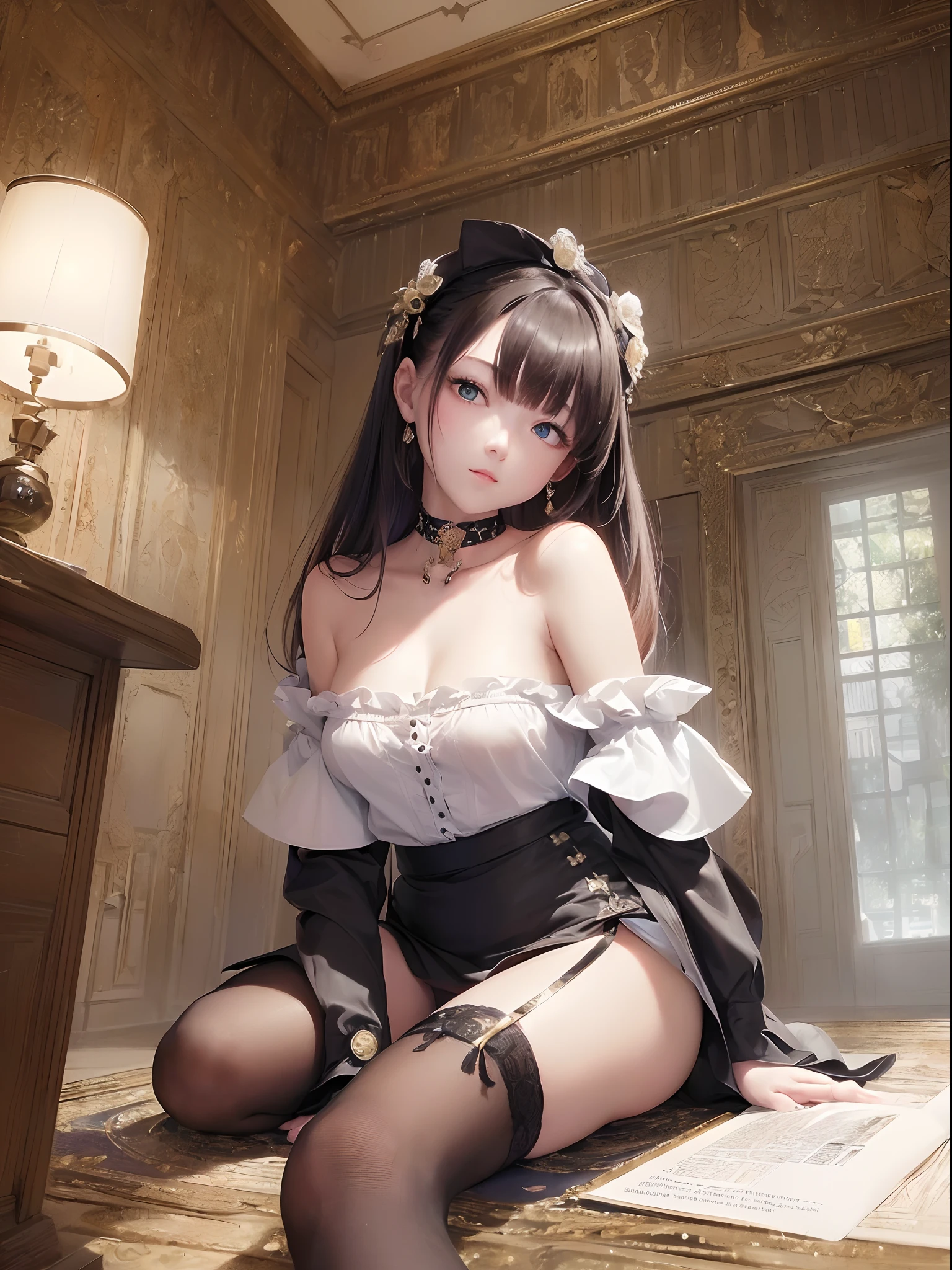 mary stuart、A MILF、、beautiful and detailed face、Skirt flips up、(Panties are clearly visible)、(White lace panties)、Cameltoe、Royal Bedroom、In a luxurious bed with a ceiling、sprawl、she spreads her legs wide and seduces me.