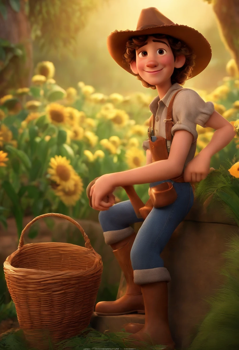 Imagem de um jovem baseado na Disney em formato Pixar, He is a farmer with curly hair and brown eyes, wears a straw hat, tem a pele clara, Alegre, segurando verdura em sua horta