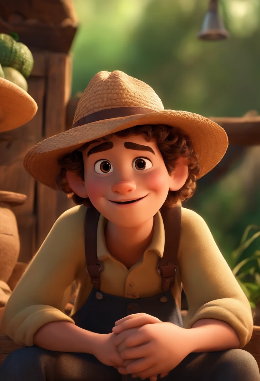 Imagem de um jovem baseado na Disney em formato Pixar, He is a farmer with curly hair and brown eyes, wears a straw hat, tem a pele clara, Alegre, segurando verdura em sua horta