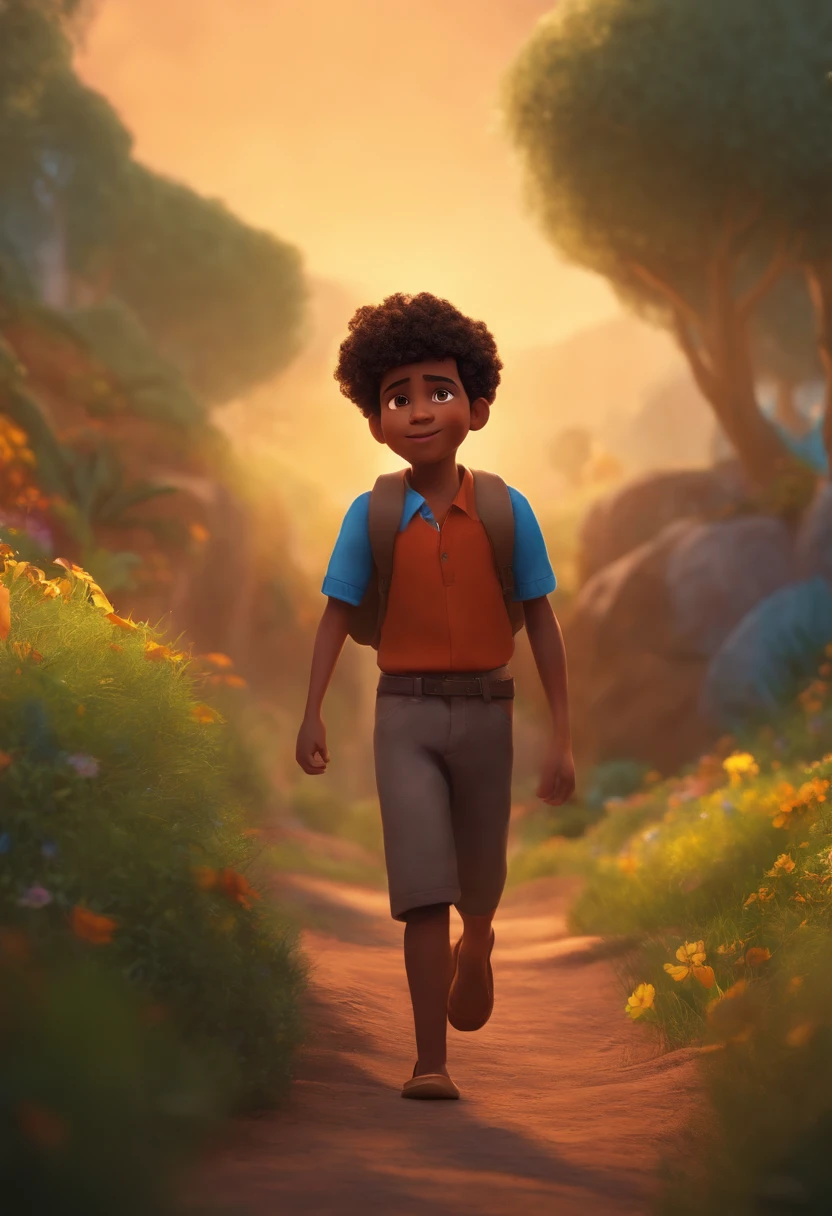 Image of a boy for a story in a YouTube video in Pixar format, He's the little allabester, He's the class leader, He's outgoing, Playful and gets up for a lot of things, cabelo preto crespo raspado, pele morena,